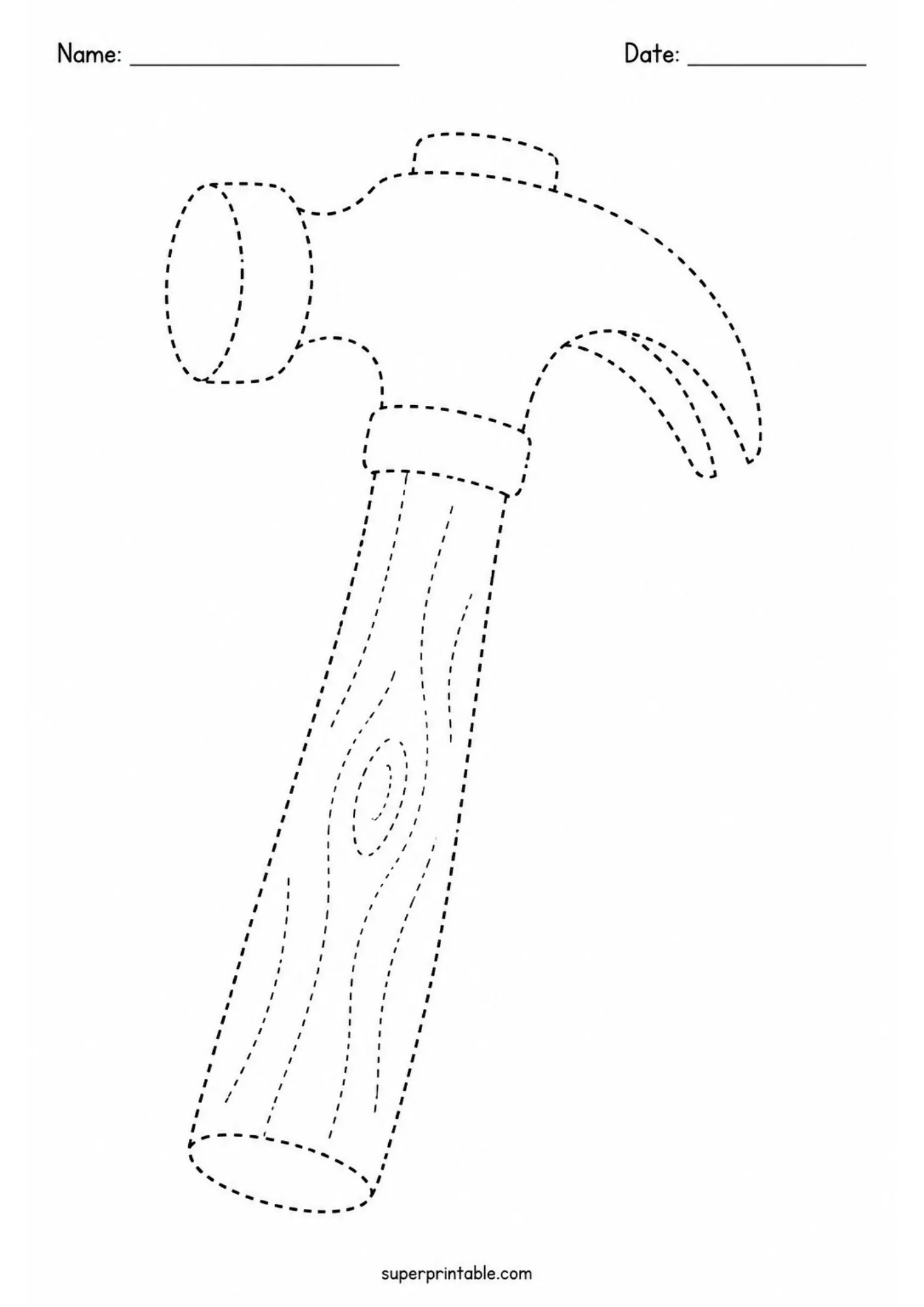 Printable line tracing worksheet with a dashed outline of a claw hammer tool.