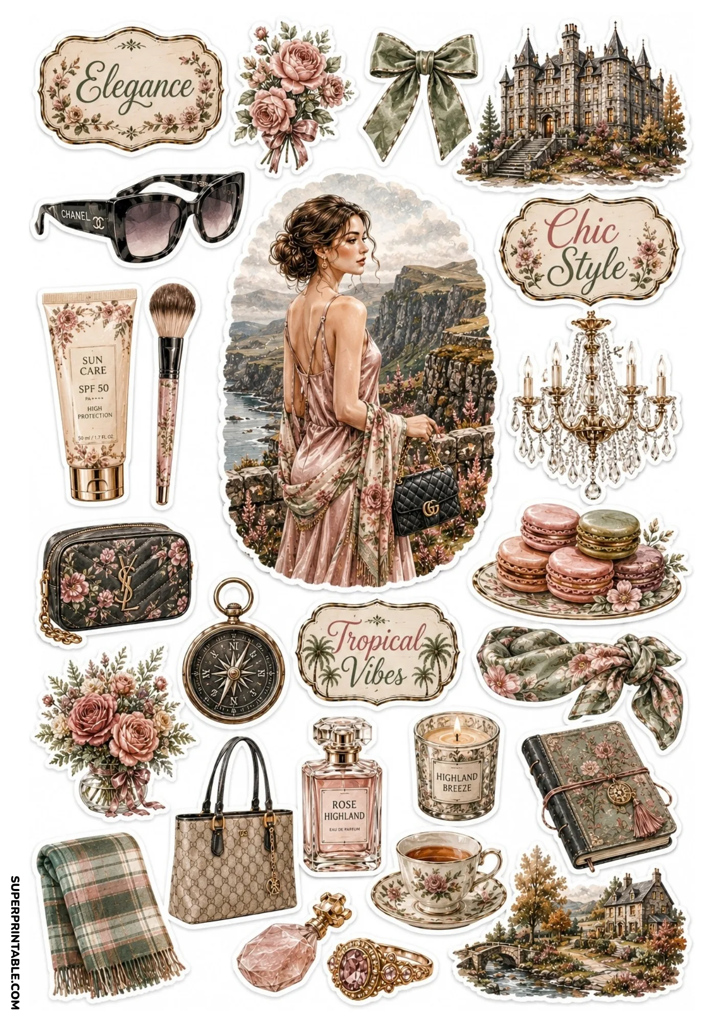 Dusty rose sticker sheet with a woman in a pink dress on a cliff top, Rose Highland perfume bottle, sunglasses, and macarons.