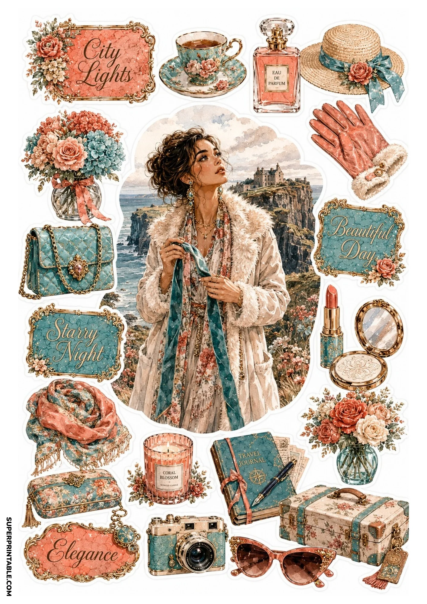 Printable sticker sheet depicting a woman in a fur-trimmed coat at an ocean cliff castle, alongside a travel journal, camera, perfume bottle, and floral arrangements.
