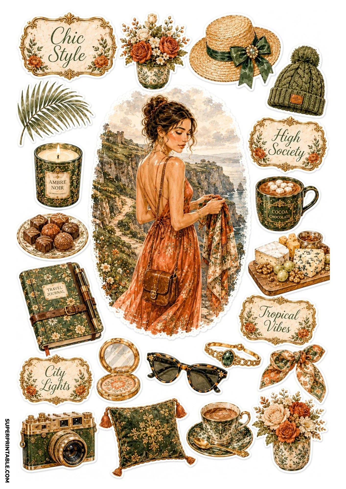 Printable sticker sheet featuring a woman in an orange dress on a cliffside ocean path, with green travel journal, chocolate truffles, and coffee mug.