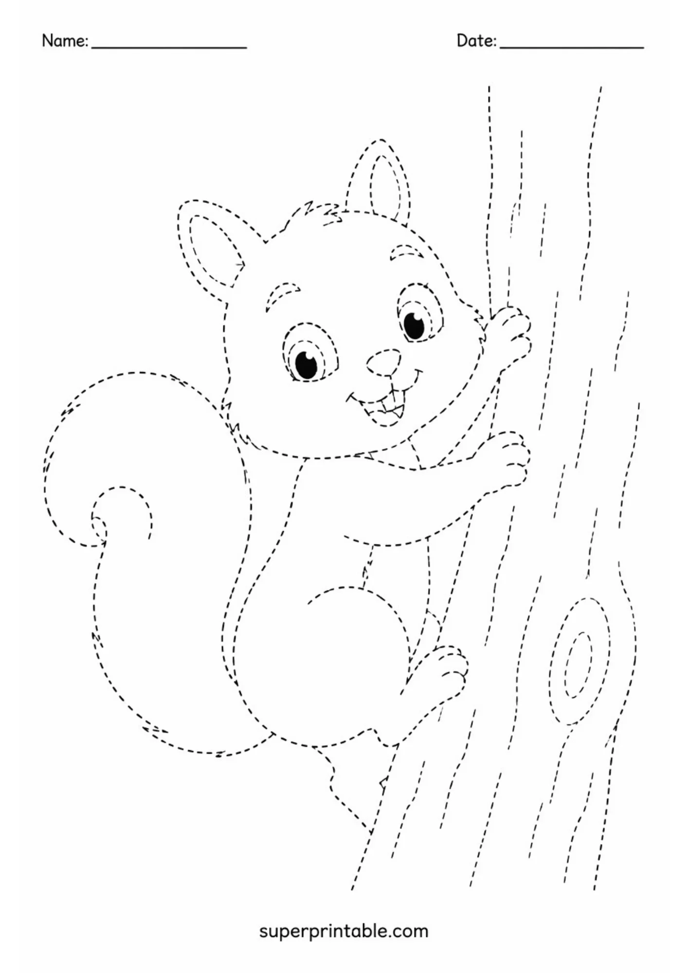 Dashed line tracing worksheet portraying a baby squirrel clinging and climbing up a vertical tree trunk, complete with Name and Date header fields at the top.