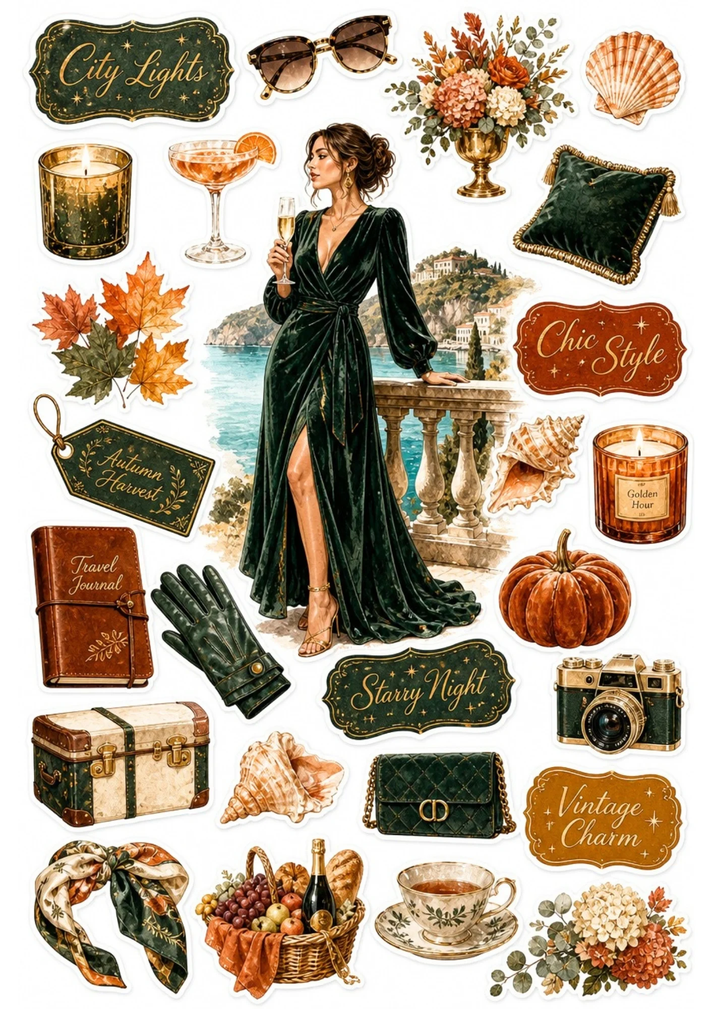 A printable aesthetic sticker sheet with a woman in a velvet dress on a stone terrace, featuring green gloves, travel journals, vintage trunks, and coffee cups.