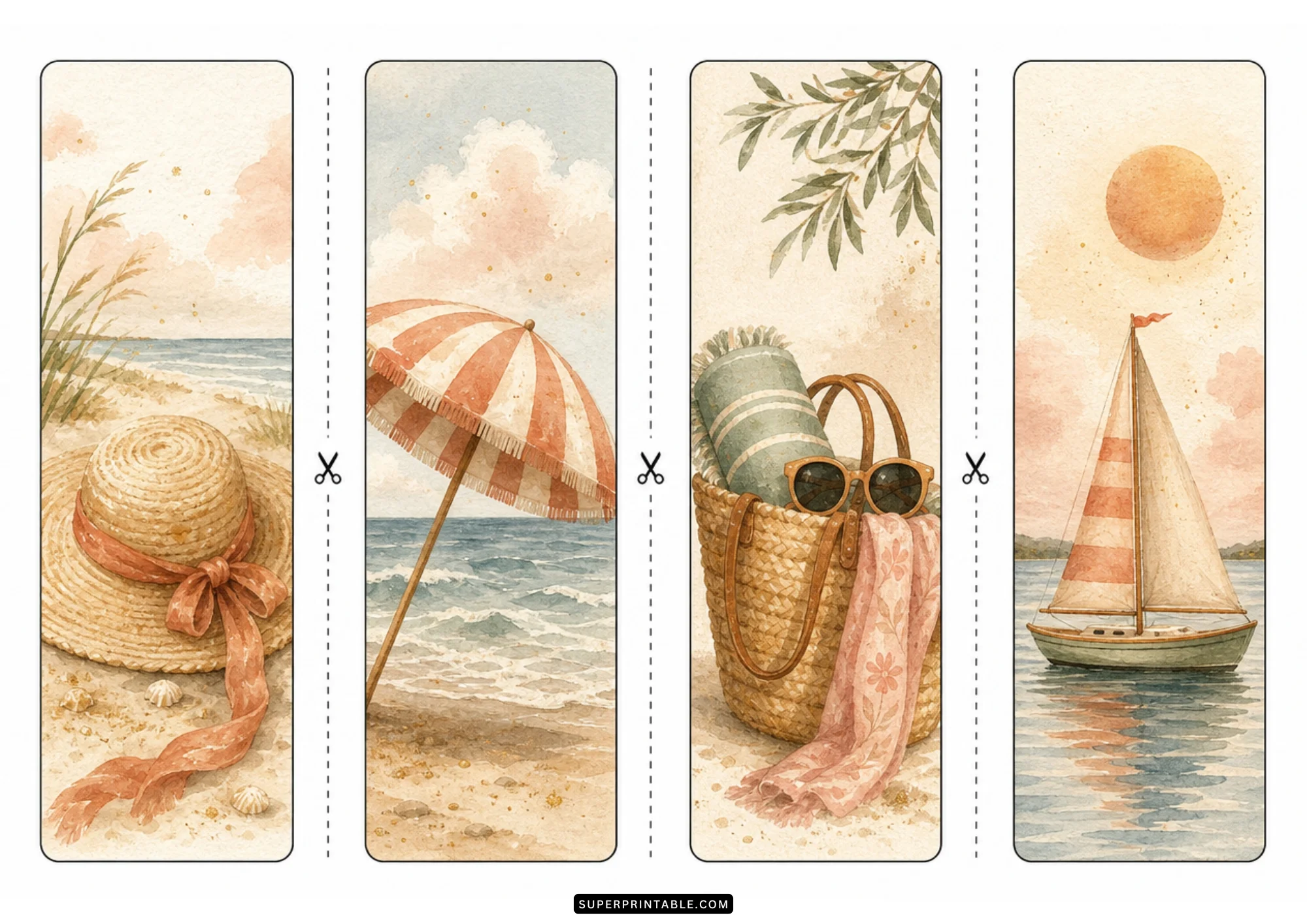 Watercolor beach bookmarks showing a straw hat, red striped beach umbrella, straw tote bag, and sailboat.