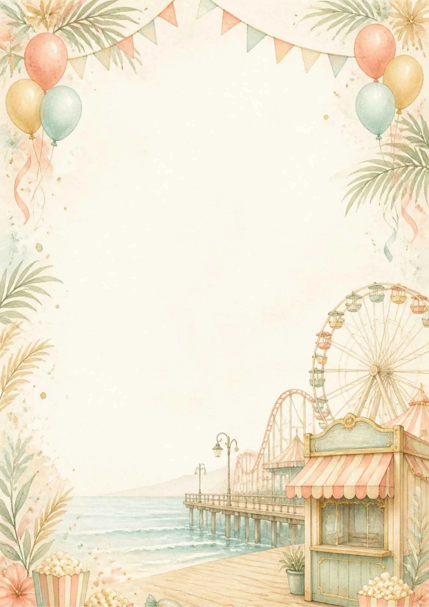 A coastal writing page showing the beach bike path with palm trees, bicycle riders, and surfers in the ocean.