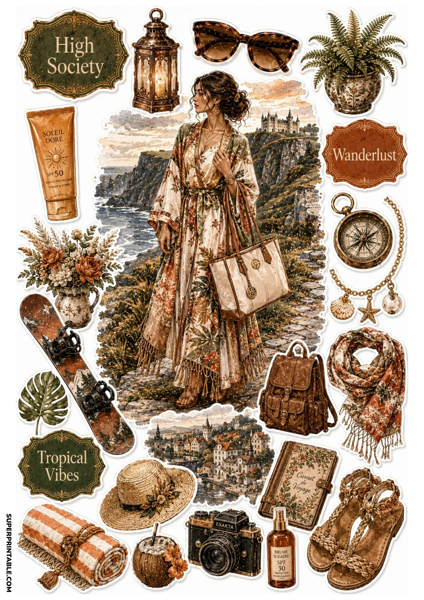 Sticker collection with a woman in a floral robe on a coastal cliff above an ocean castle, surrounded by travel backpacks, cameras, and beach accessories.