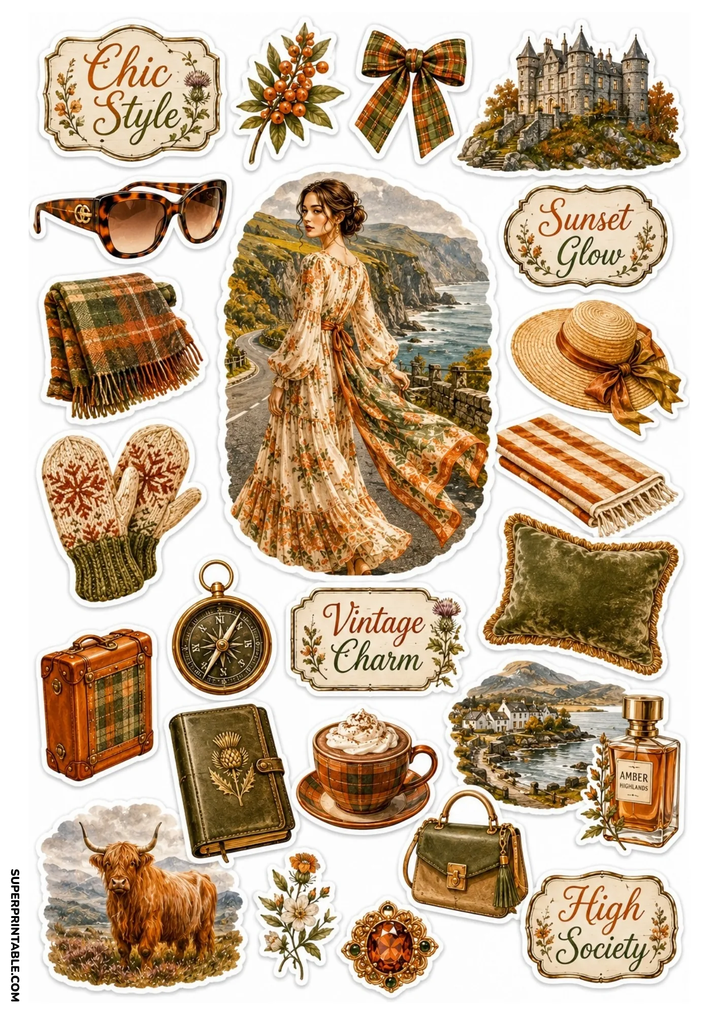 Coastal Scottish sticker sheet featuring a woman in a floral dress on a cliff path, Highland cow, warm plaid blanket, and vintage compass.