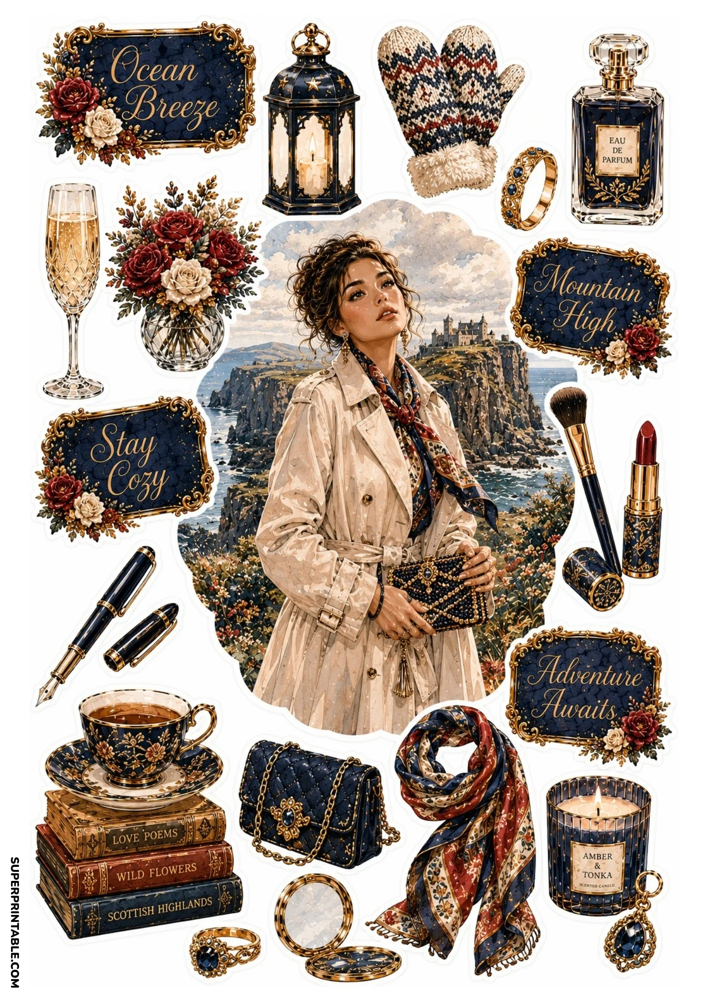 Printable sticker sheet showing a woman in a trench coat on a cliffside overlook, with book stack, fountain pen, lantern, and warm tea cup stickers.
