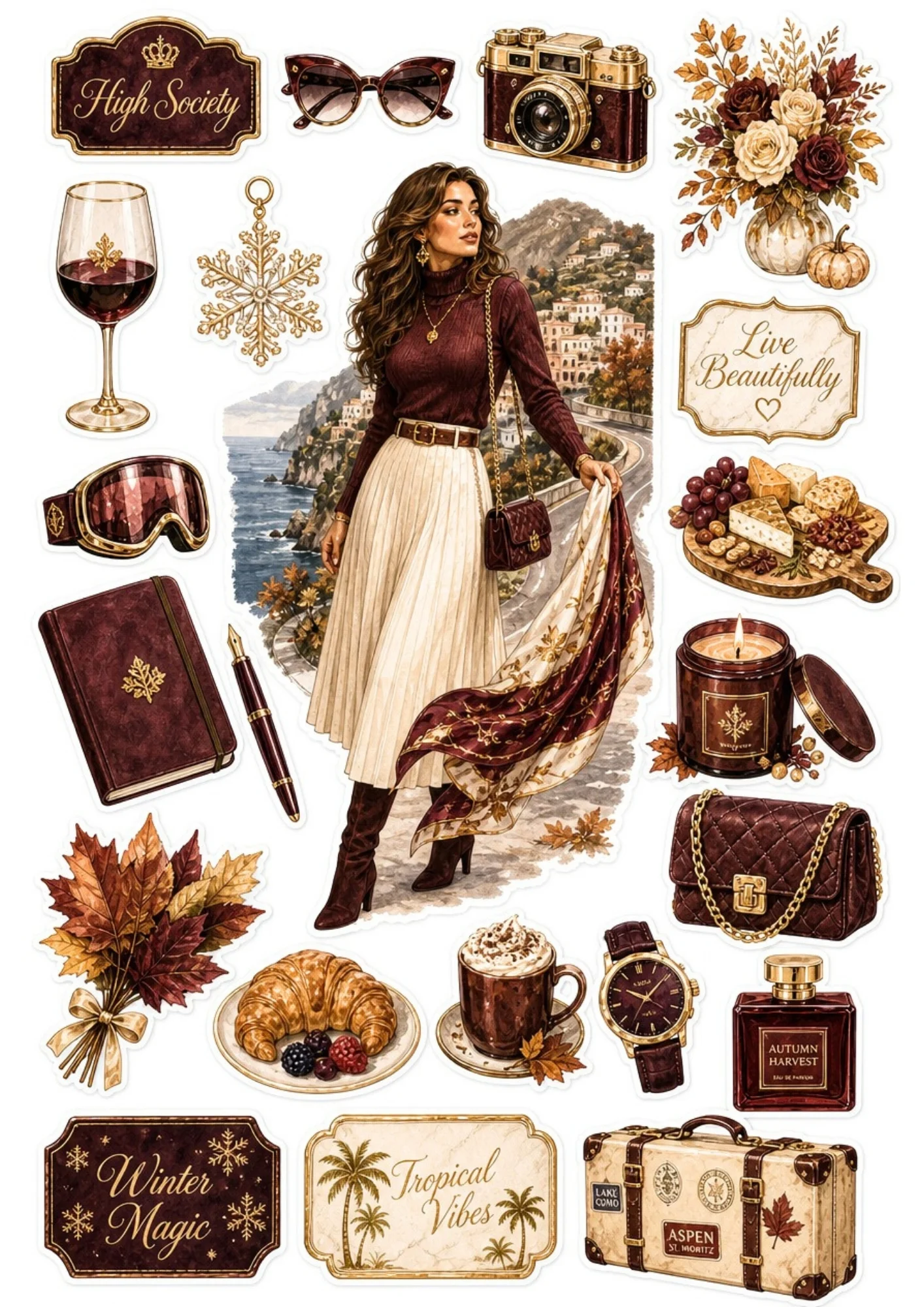 A printable sticker page showing a woman in a burgundy turtleneck on a scenic cliff road, with wine glasses, charcuterie cheese boards, croissants, and ski goggles.