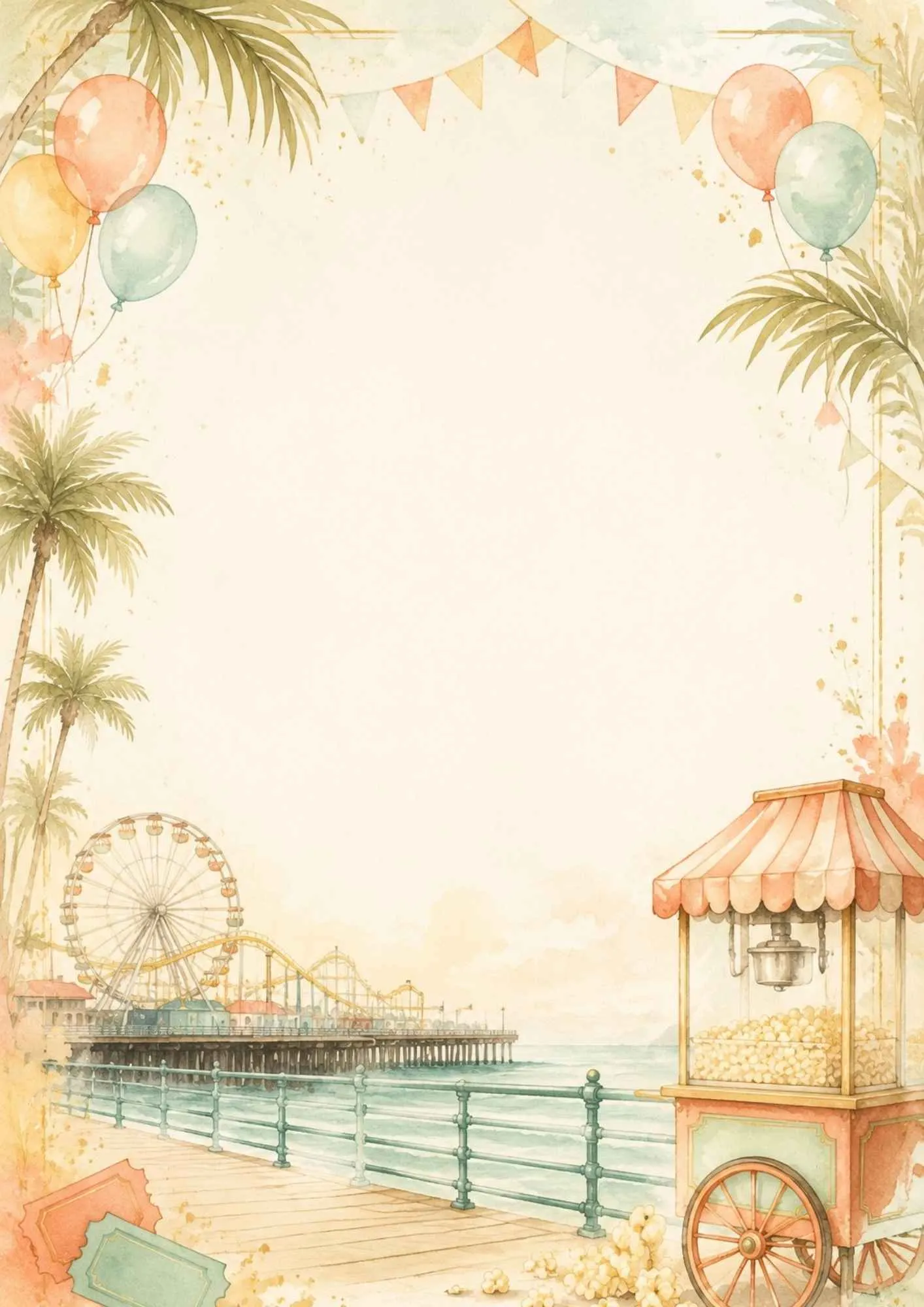A panoramic writing page showing the coastal cliffs and beach shoreline in Santa Monica in watercolor.