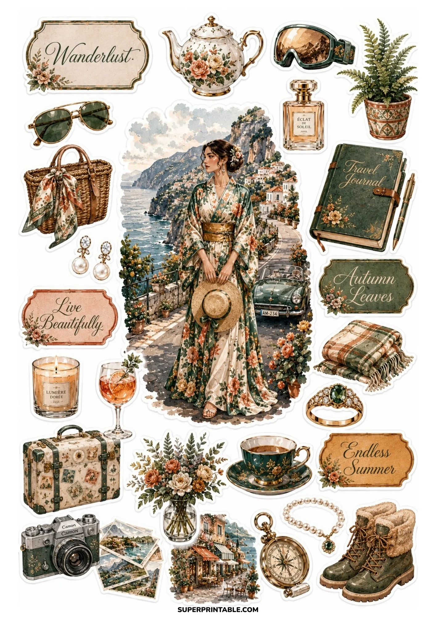 A printable sticker sheet featuring a woman on a coastal road near a vintage green car, surrounded by a green journal, basket bag, and boots.