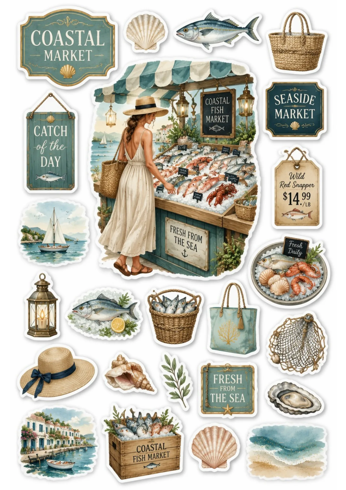 Coastal fish market sticker set showing a woman at a seafood stall, market price tags, fresh fish crates, sailboat scenes, and nautical decorations.