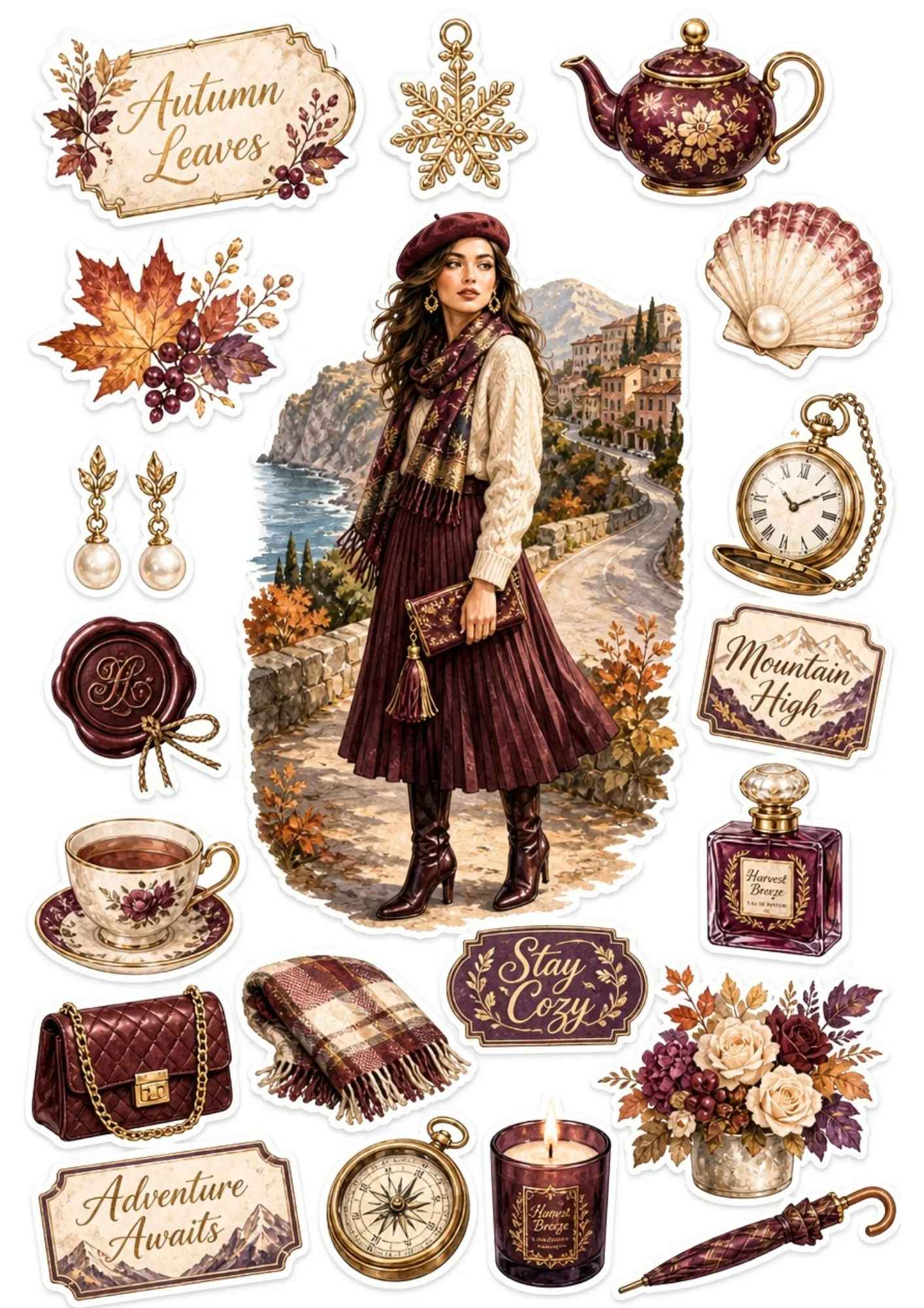 A printable autumn sticker sheet with a woman walking a coastal stone path, featuring wax seal stamps, burgundy teapots, compasses, and purple rose arrangements.