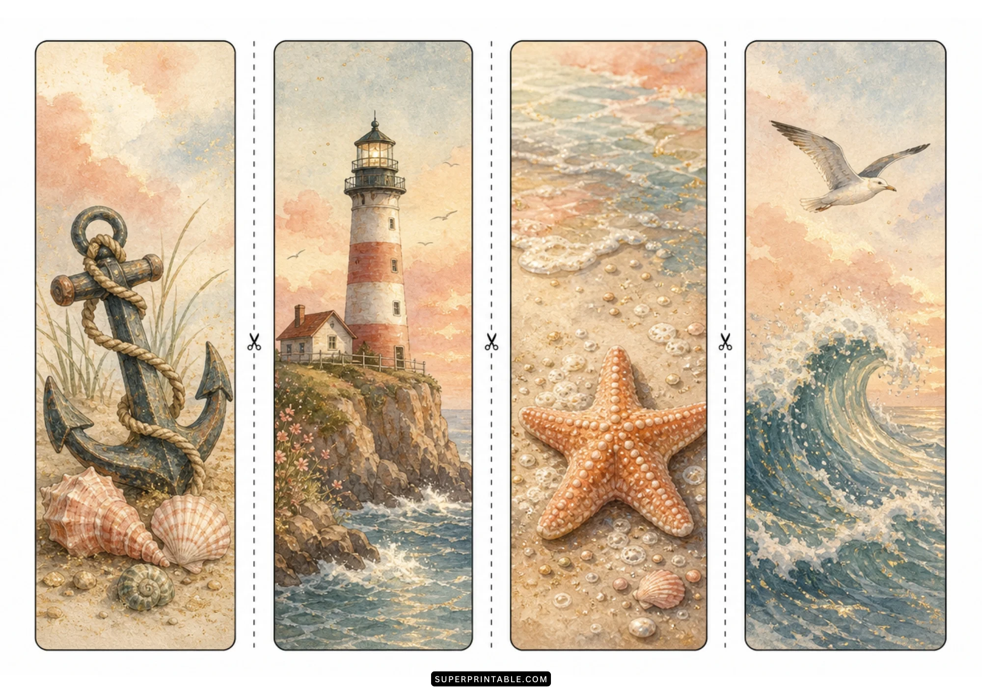 Watercolor coastal bookmarks with a ship anchor, lighthouse on ocean cliffs, starfish, and crashing wave.