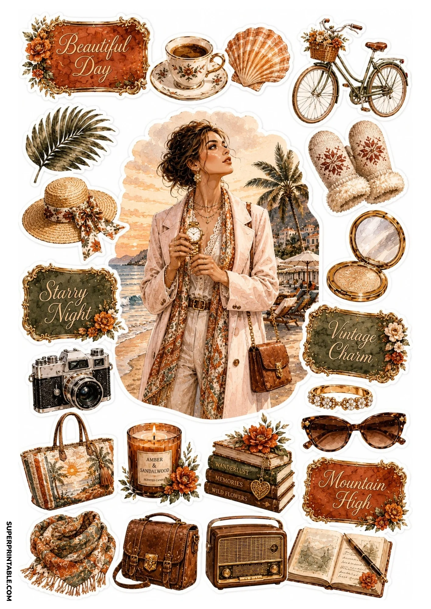Printable sticker sheet showcasing a woman in a cream coat on a coastal walk, surrounded by a vintage bicycle, book stack, camera, and straw hat stickers.