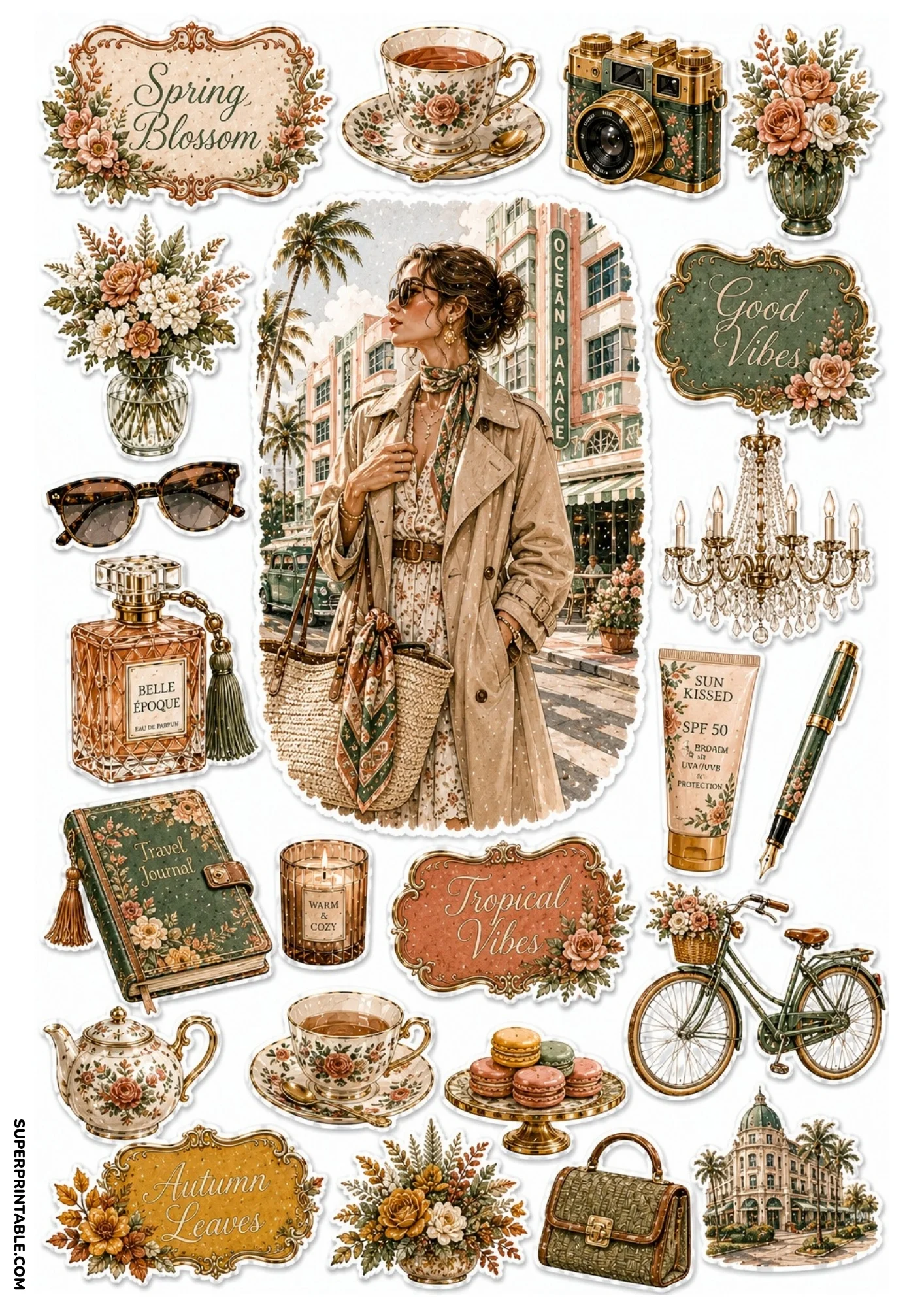 Beige and olive sticker collection showing a woman in a trench coat on a sunny street, tea set, bicycle, travel journal, and floral labels.
