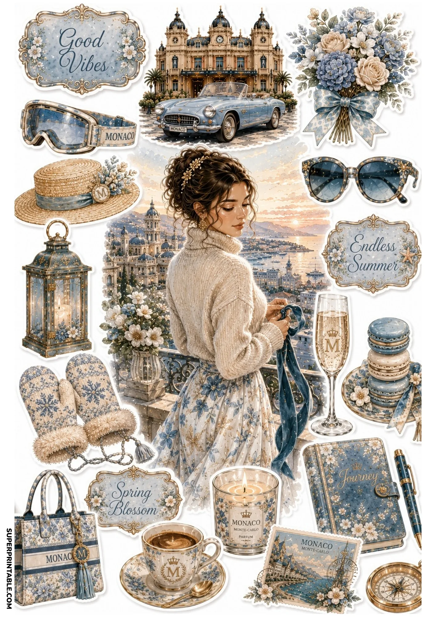 Printable sticker sheet with a woman on a coastal terrace overlooking Monaco, blue ski goggles, tote bag, and macarons.