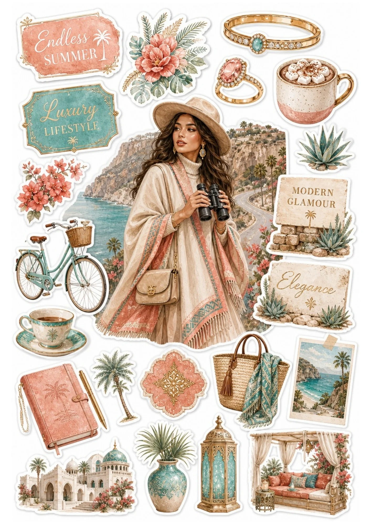 Printable sticker sheet with a woman holding binoculars on a coastal road, turquoise vintage bicycle, leather journal, woven tote, and daybed pavilion.
