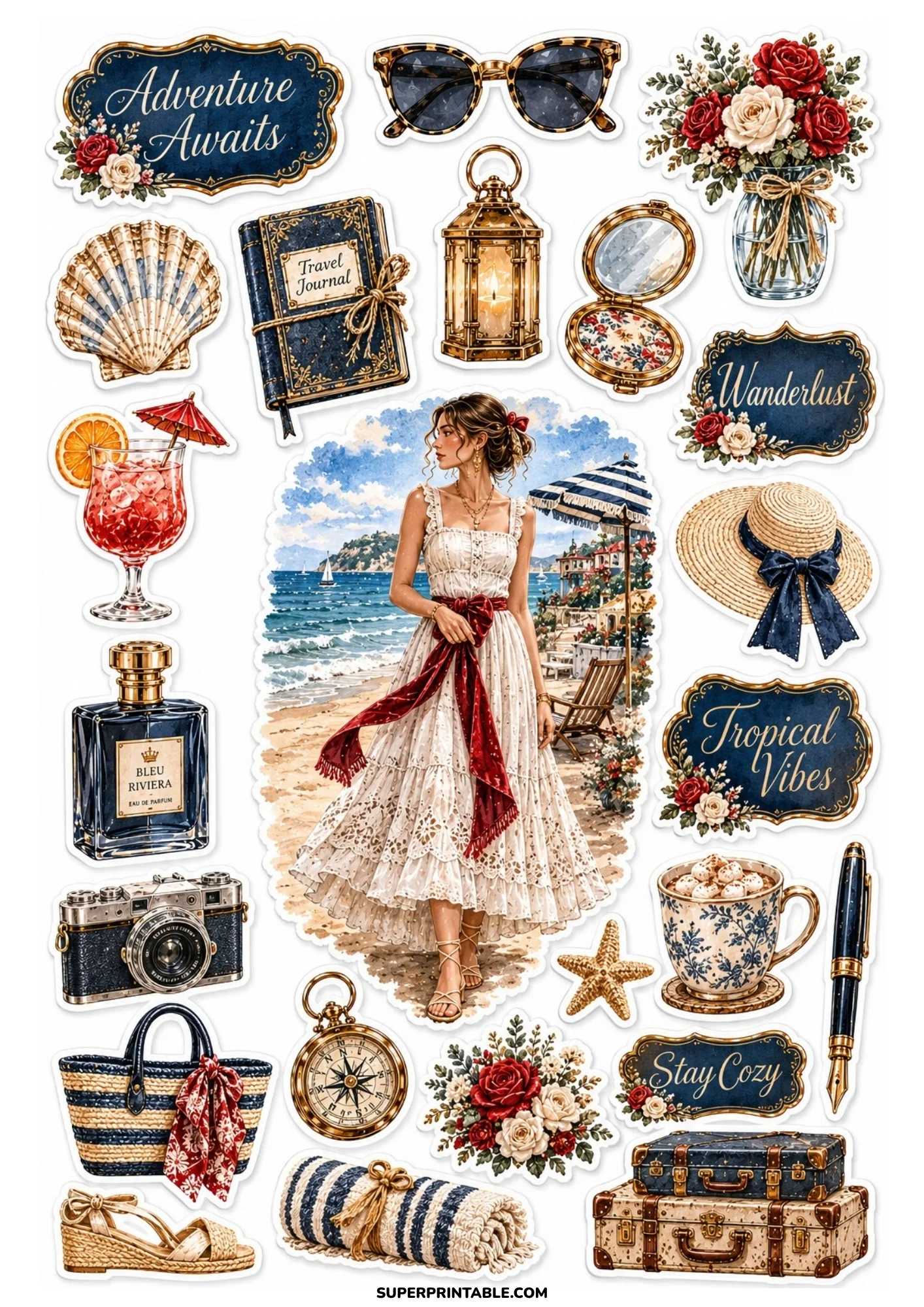 A printable sticker sheet featuring a woman on a sandy beach surrounded by travel items, red roses, a blue tote bag, vintage camera, and nautical accessories.