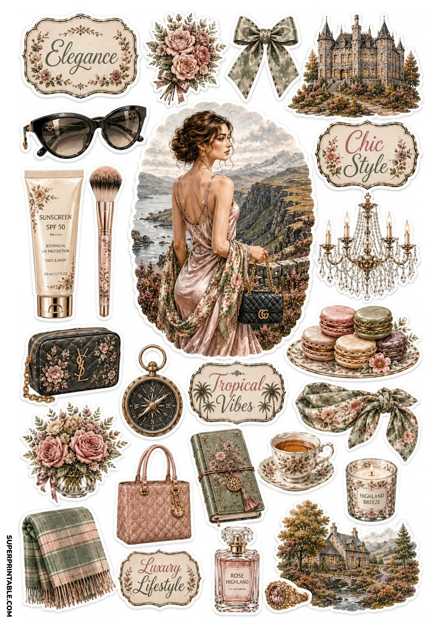 Soft rose and gold sticker sheet showing a fashion figure overlooking coastal cliffs, Rose Highland perfume, and luxury accessories.