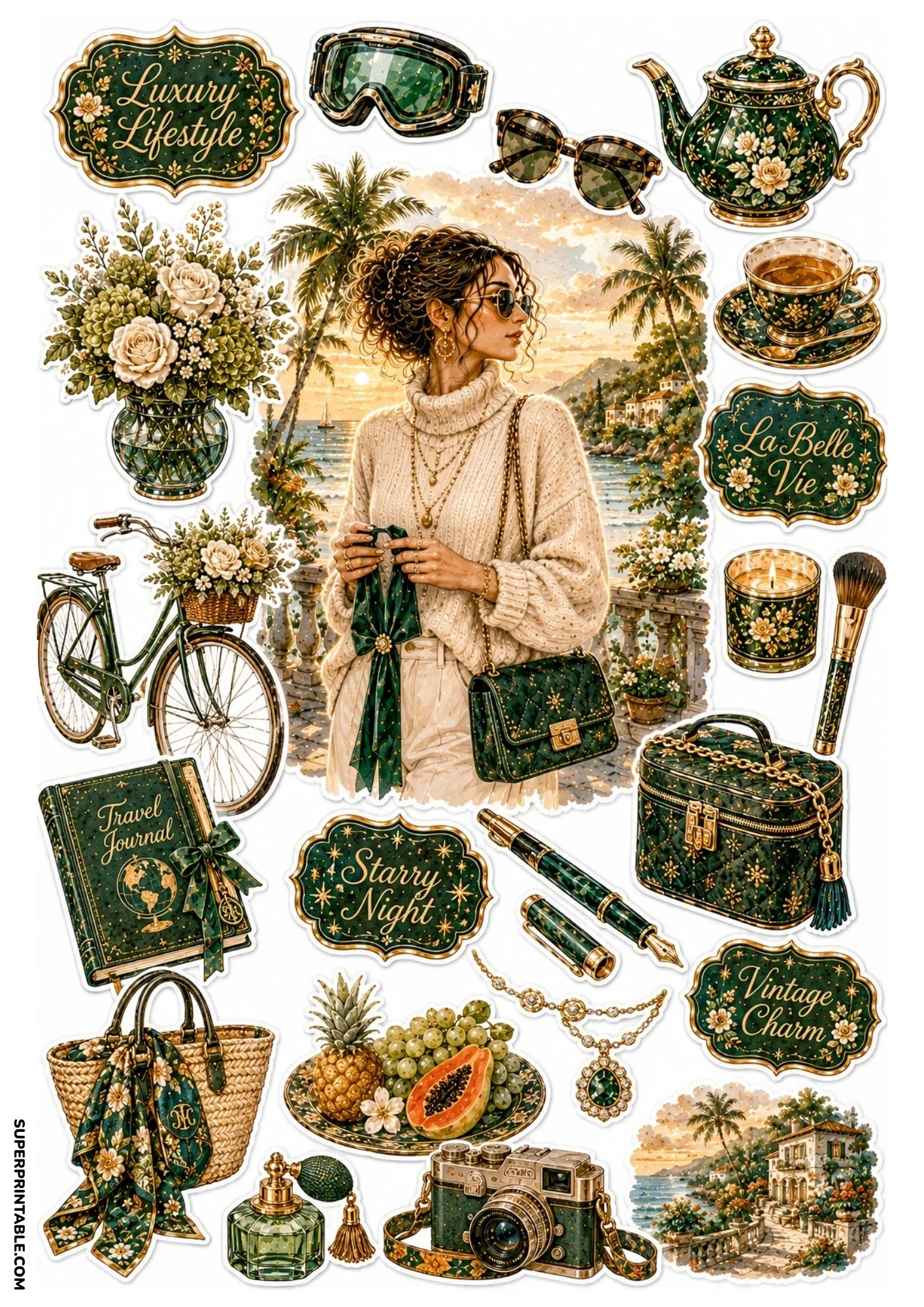 Sticker sheet with a woman on a sea-view balcony surrounded by green resort travel items.