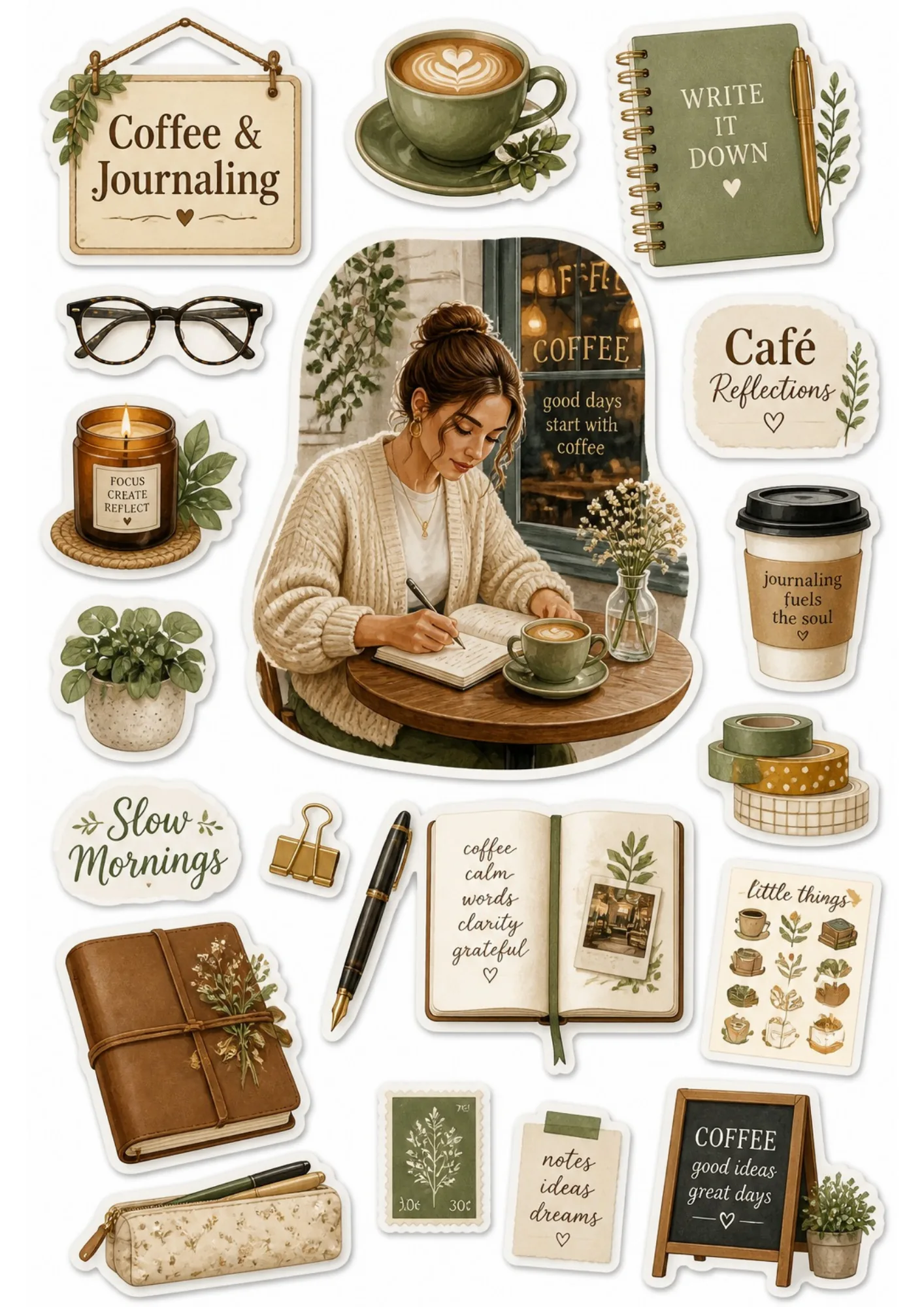 Coffee and journaling sticker sheet showing a woman writing in a notebook at a cafe table surrounded by open journals, fountain pens, sticky notes, and cozy quotes.