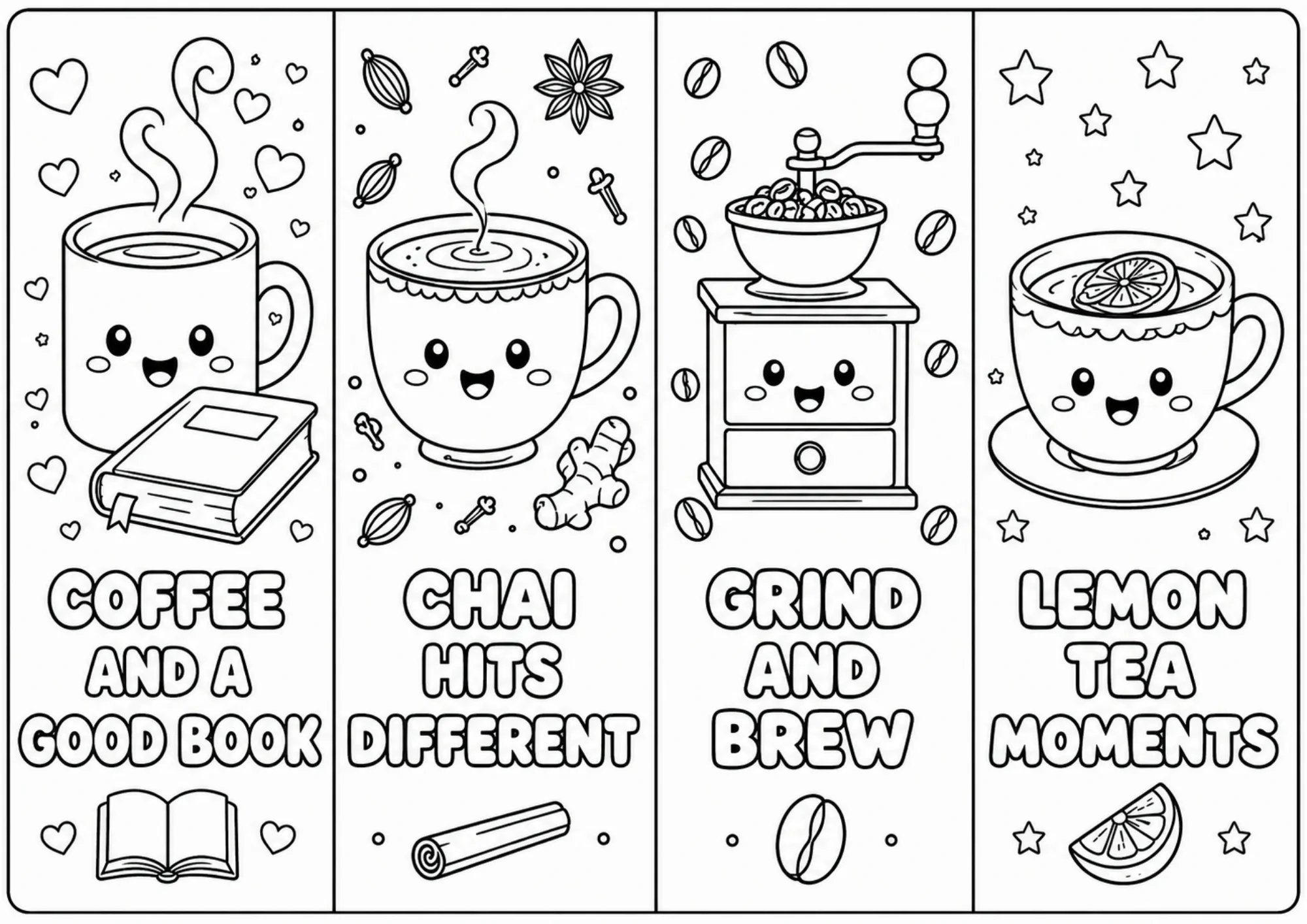 Black and white line art coloring sheet showing four bookmarks with a coffee mug beside a book, spiced chai cup with cardamom and star anise, vintage coffee grinder, and lemon teacup.