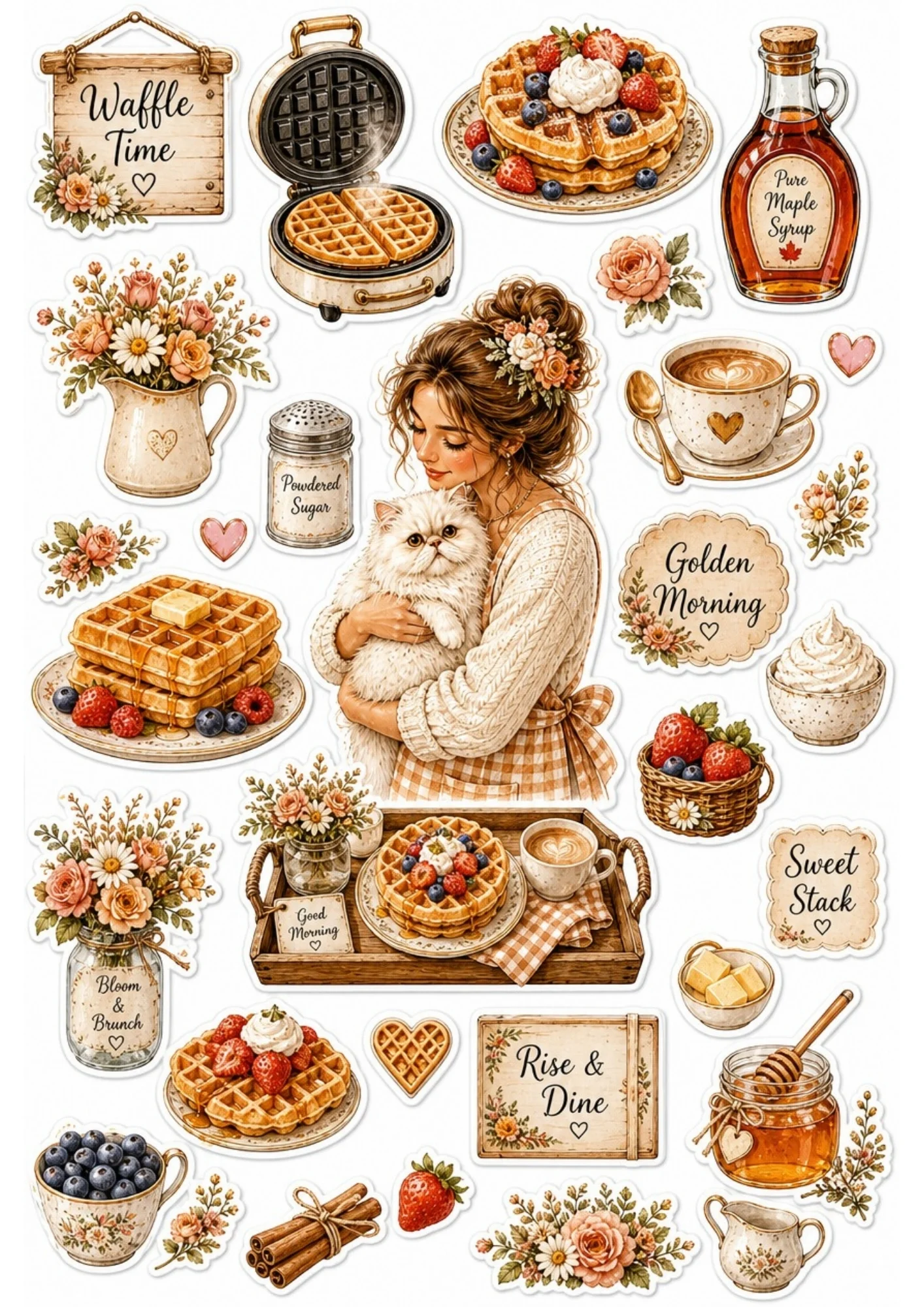 A girl operating an espresso machine with a white cat nearby. Surrounding stickers include coffee cups, pastries, and text saying 'Artisan Bakery' and 'Coffee First'.