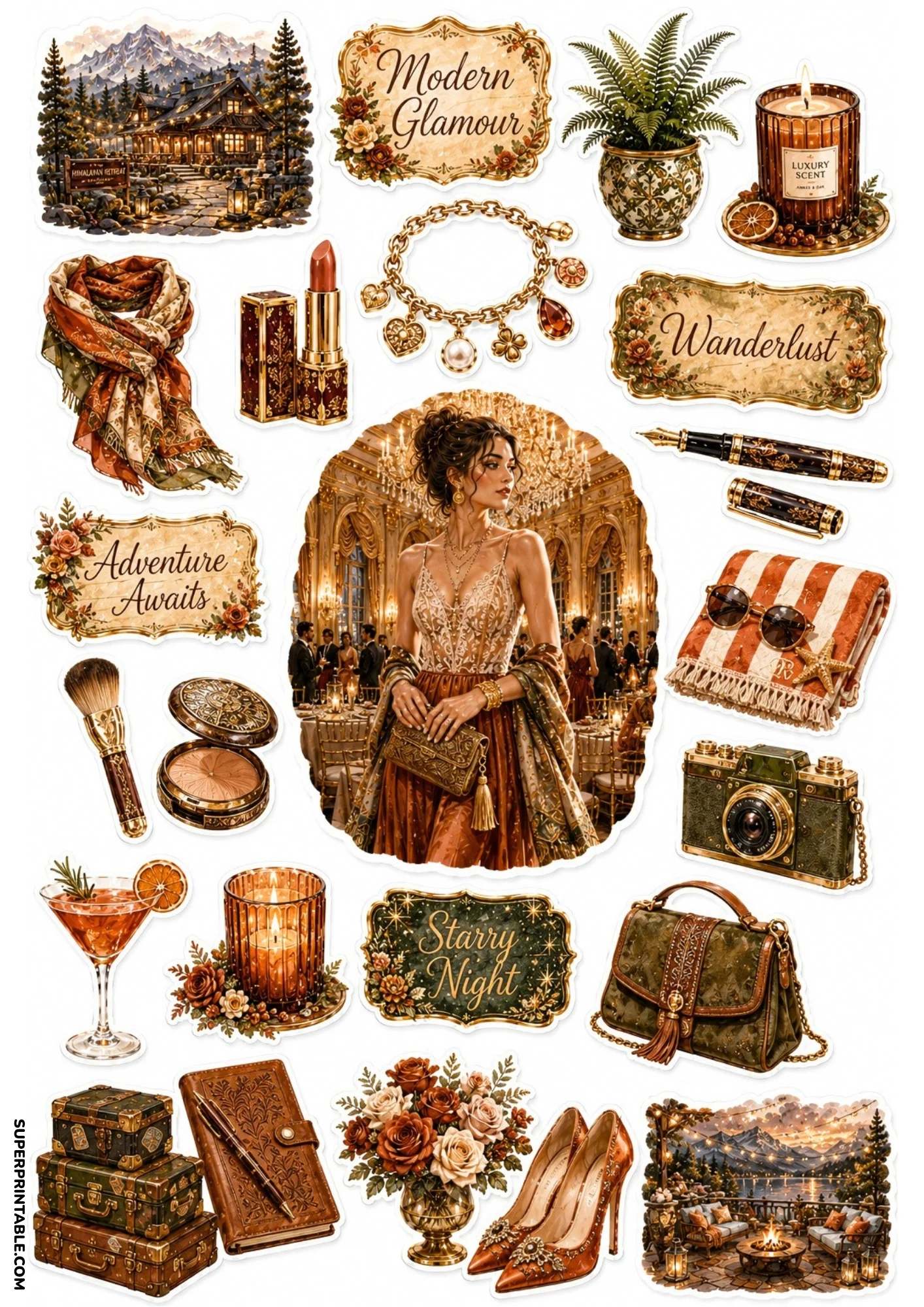 Printable sticker sheet with cognac brown and gold art including a woman in an ornate gown, leather journal, high heels, lipstick, camera, and travel trunks.