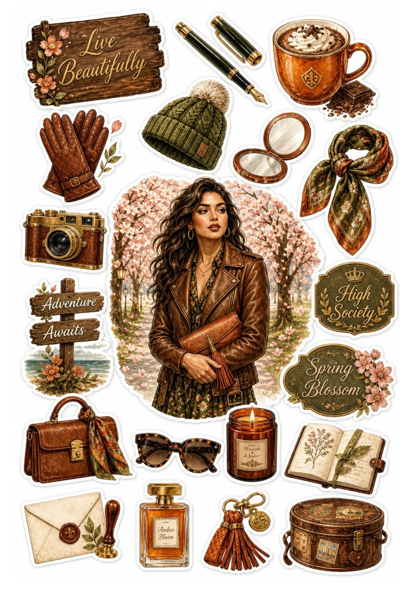 Printable sticker sheet featuring a woman in a cognac leather jacket among cherry blossoms, surrounded by cozy icons like a leather purse, hot chocolate, fountain pen, and botanical journal.