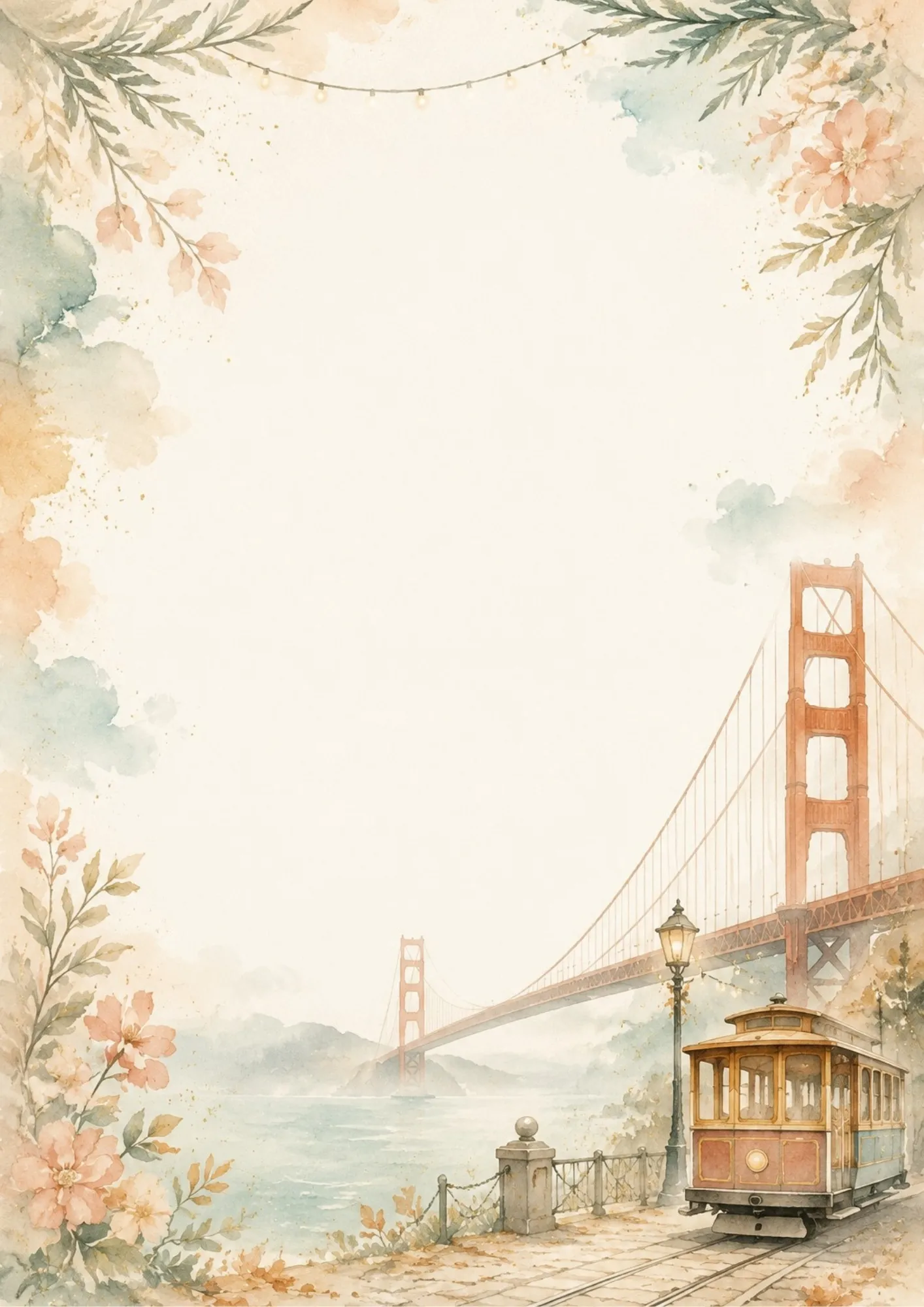 A writing page featuring Coit Tower on Telegraph Hill with San Francisco city skyline and watercolor washes.