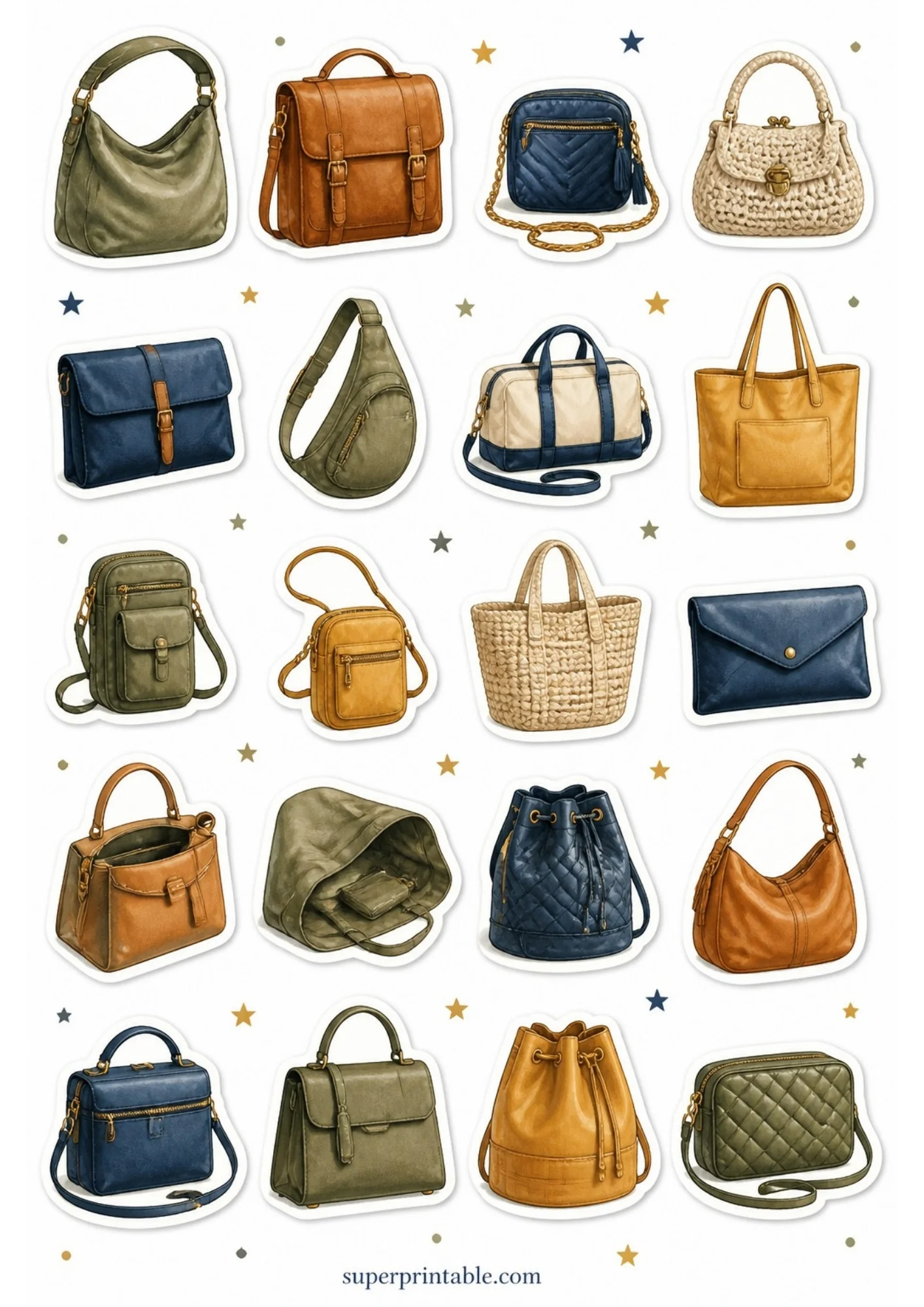A sticker sheet with 20 handbag illustrations in earth tones like navy blue, olive green, mustard yellow, and brown on a white background with small stars.
