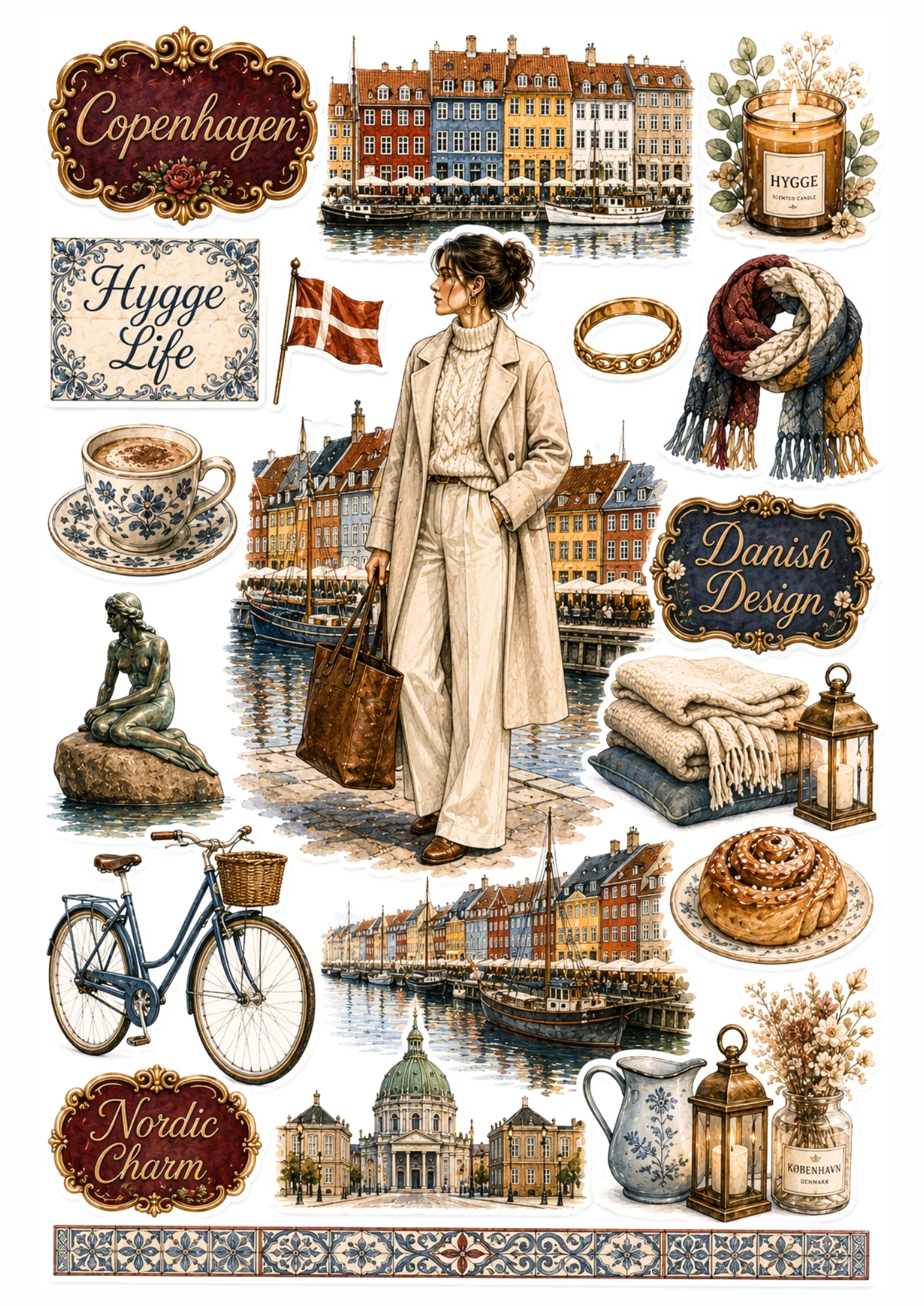 Copenhagen sticker sheet featuring a woman at Nyhavn harbor, Little Mermaid statue, Danish cinnamon roll, and cozy knit scarf.