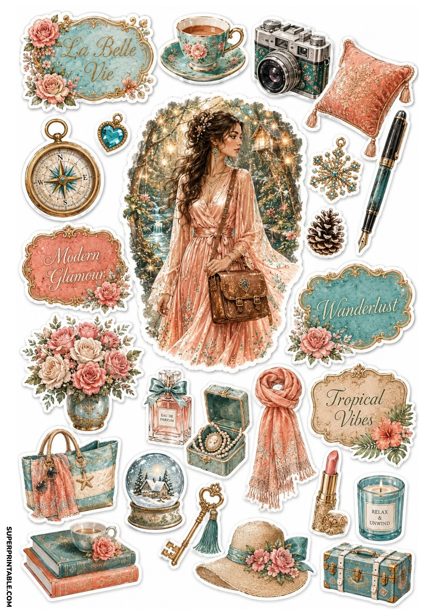 Teal and coral sticker collection displaying a woman in a flowing dress in a forest, teacups, perfume, sun hat, and ornate vintage frames.