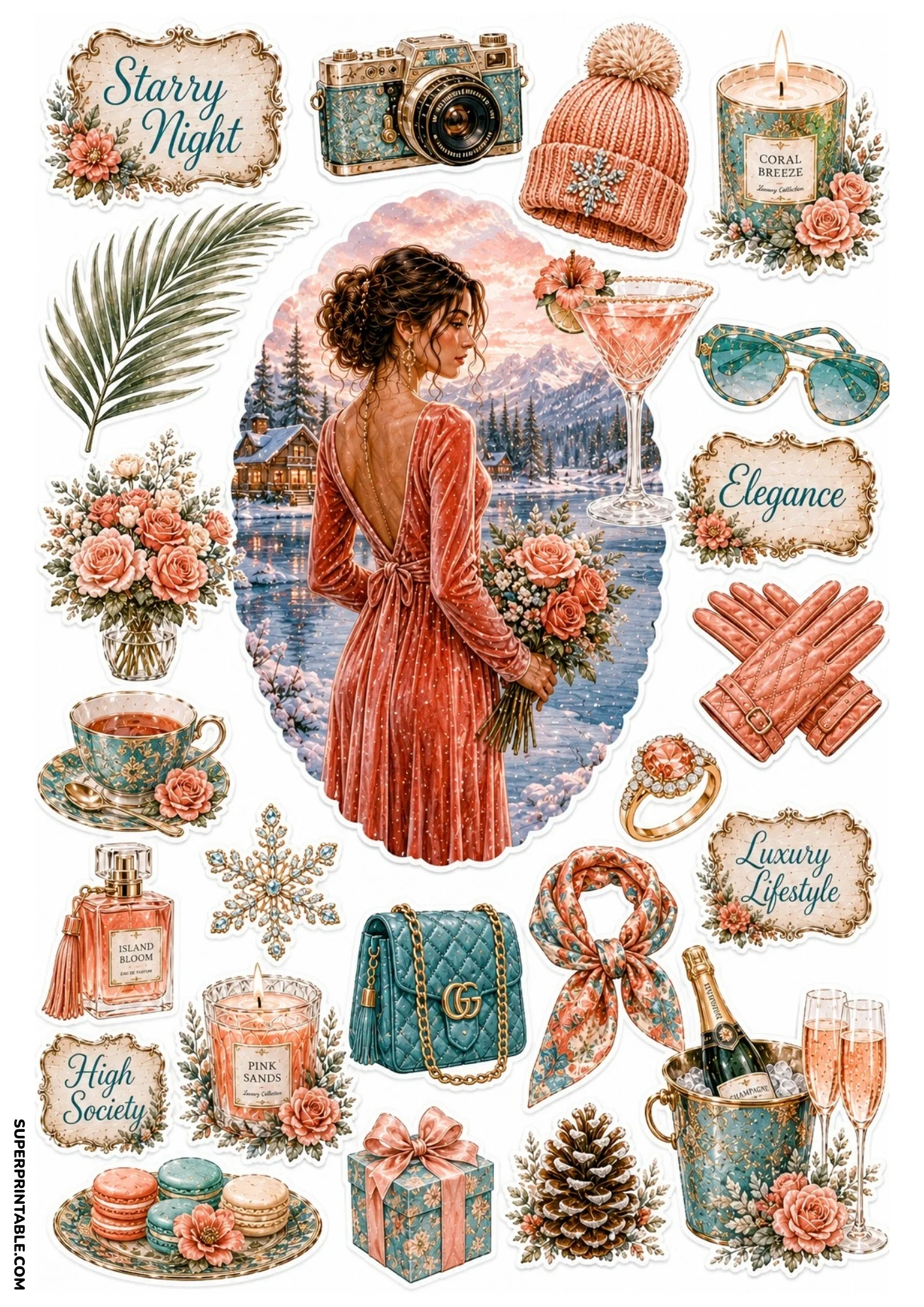 Printable sticker sheet displaying a woman in a coral gown holding roses near a snowy lake cabin, encircled by a tropical cocktail, pink beanie, champagne bucket, and turquoise handbag.