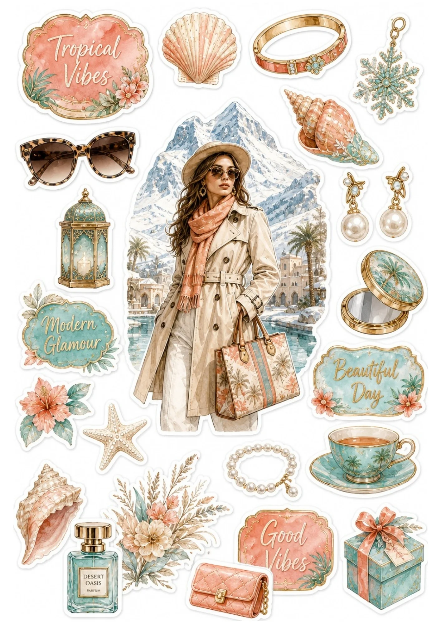 Printable sticker sheet featuring a woman in a beige trench coat with peach scarf against snow mountains, palm tote bag, compact mirror, and seafoam teacup.