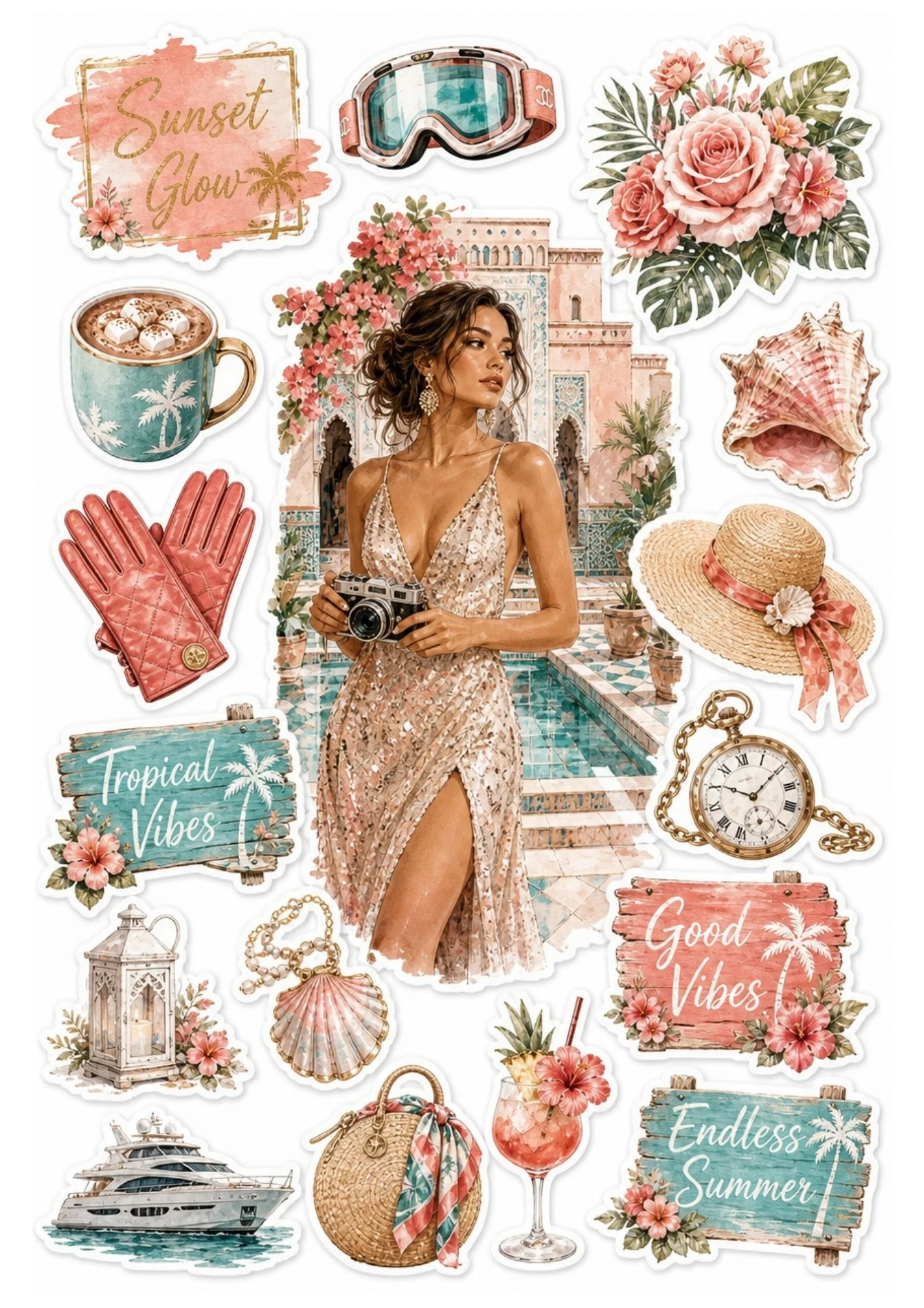 Printable sticker sheet depicting a woman in a sequined gown holding a camera by a pool, with pink and turquoise elements like a straw hat, yacht, marshmallow mug, and cocktail.