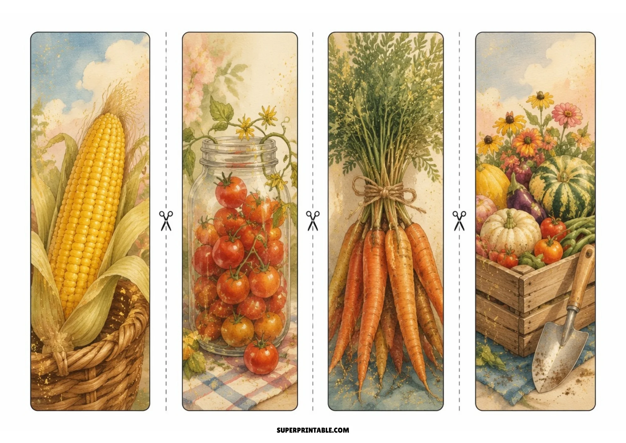 Four garden harvest printable bookmarks featuring an ear of corn, a mason jar of cherry tomatoes, tied fresh carrots, and a vegetable crate with a trowel.