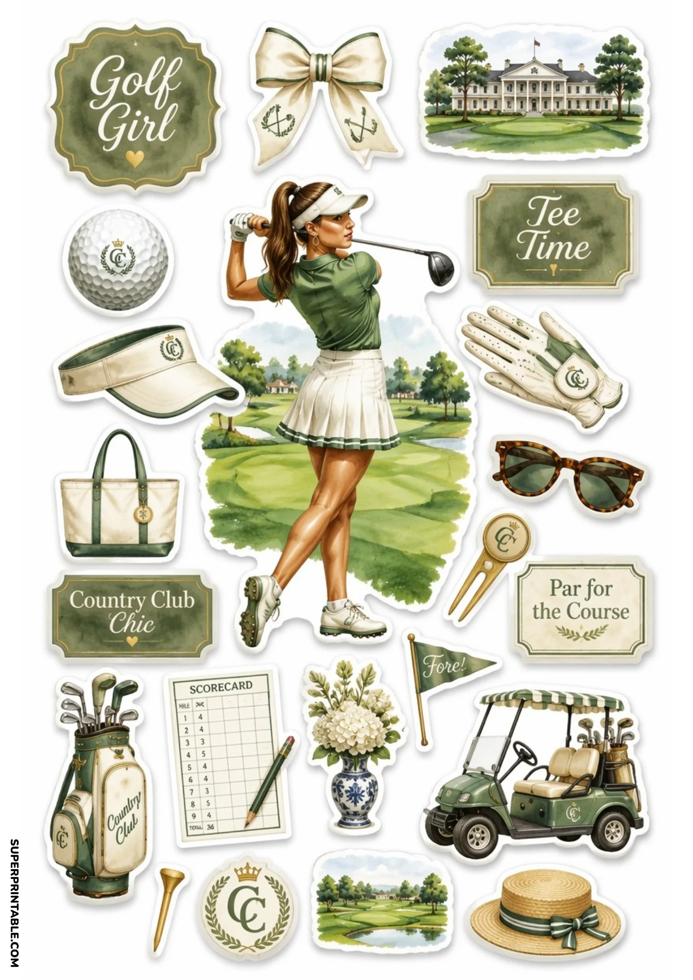 Printable sticker collection showing female golfer full swing follow-through, grand white clubhouse, golf bag, scorecard, floral hydrangea vase, and green golf cart.
