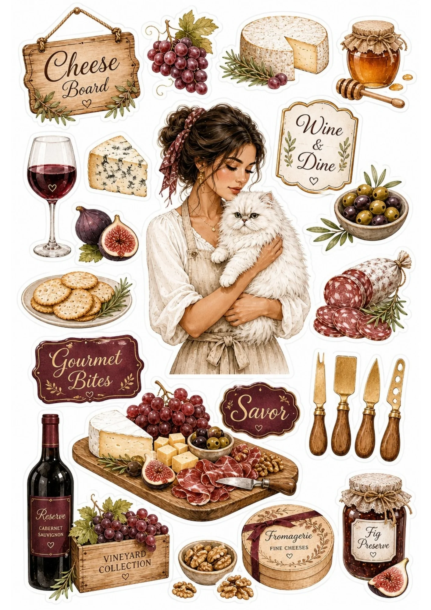 A girl preparing fresh vegetables with a white cat in a country kitchen. Surrounding stickers include milk, eggs, bread, butter, and text saying 'Farm Fresh' and 'Country Kitchen'.