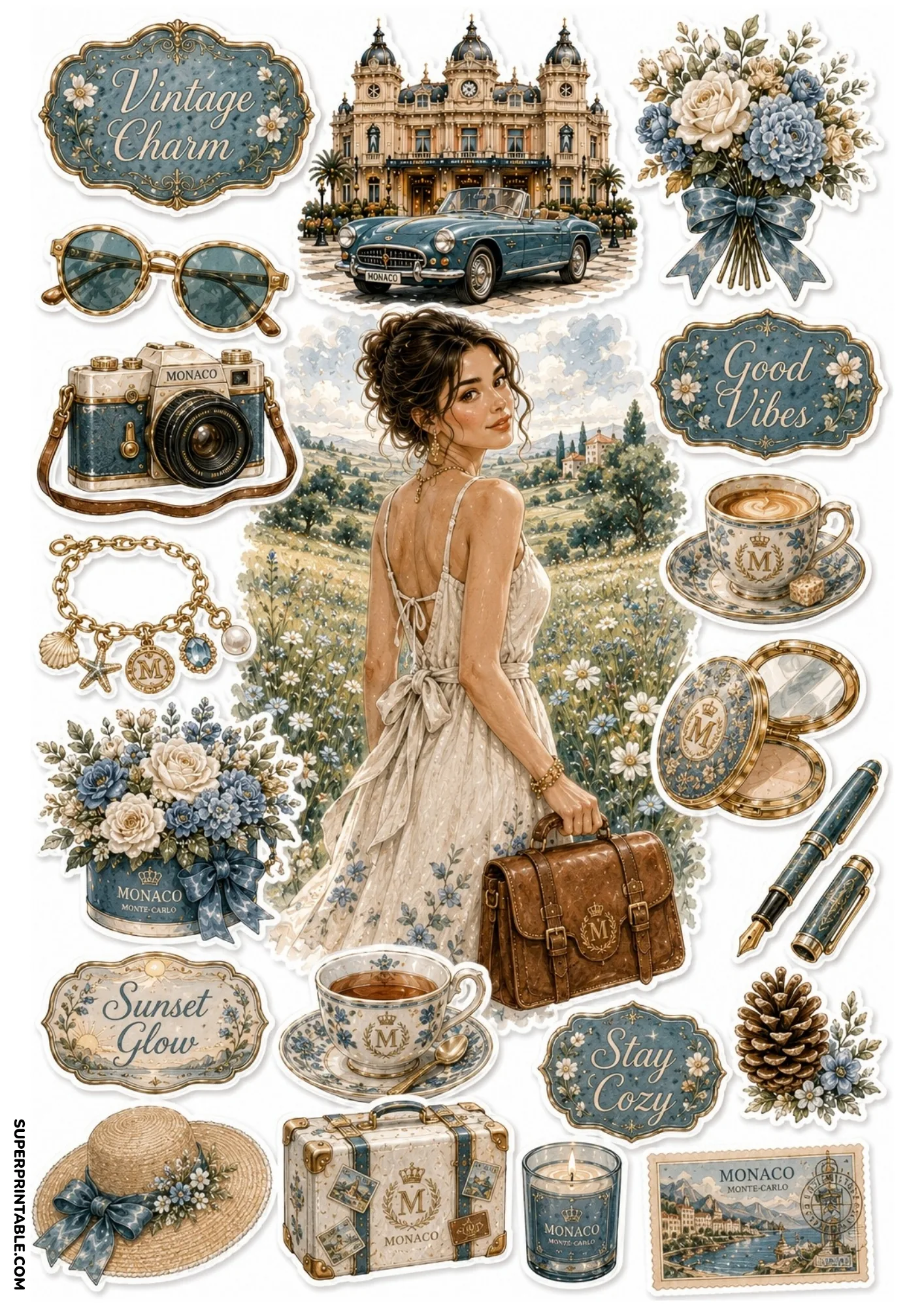 Printable sticker sheet featuring a woman in a floral dress in a daisy field, blue camera, vintage car, and tea cup.