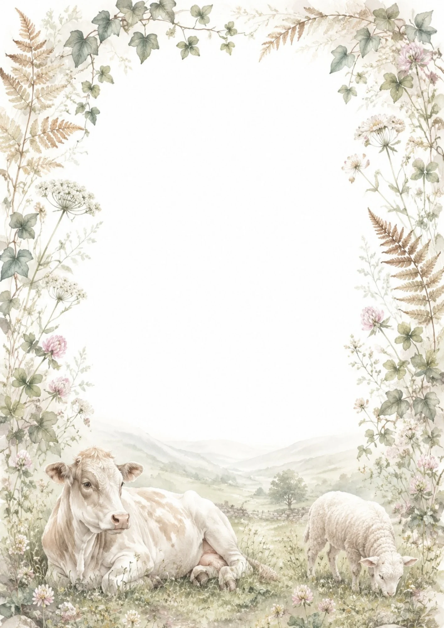 Scenic watercolor border showing a resting cow and a grazing lamb in a green pasture, bordered by ferns, ivy vines, and delicate white blossoms.