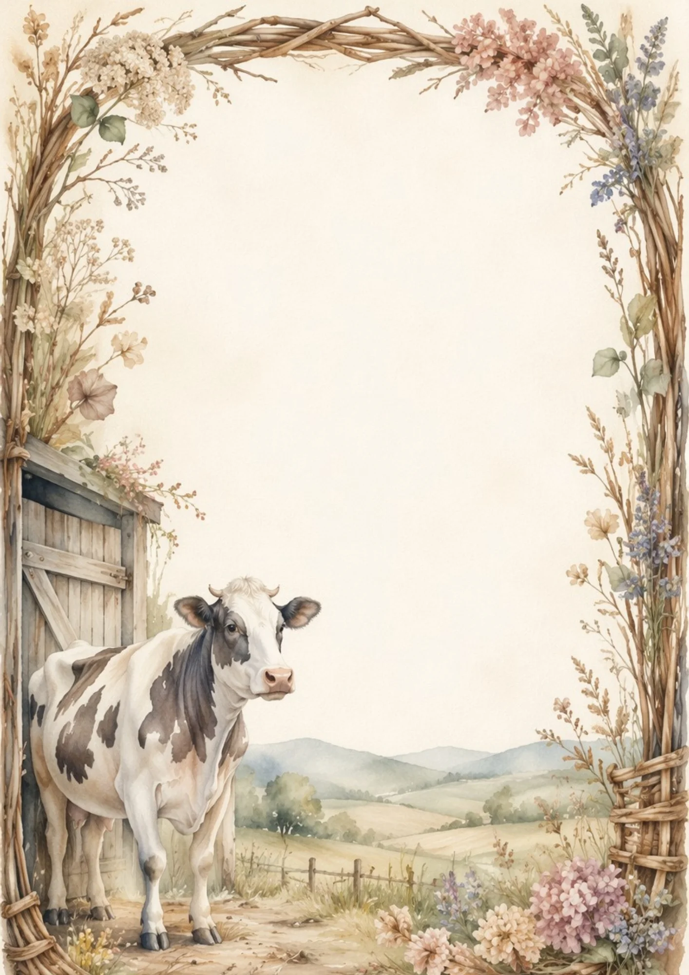 Rustic watercolor border page featuring a cow standing near a barn door before rolling hills, framed by an archway of woven branches and pink blossoms.