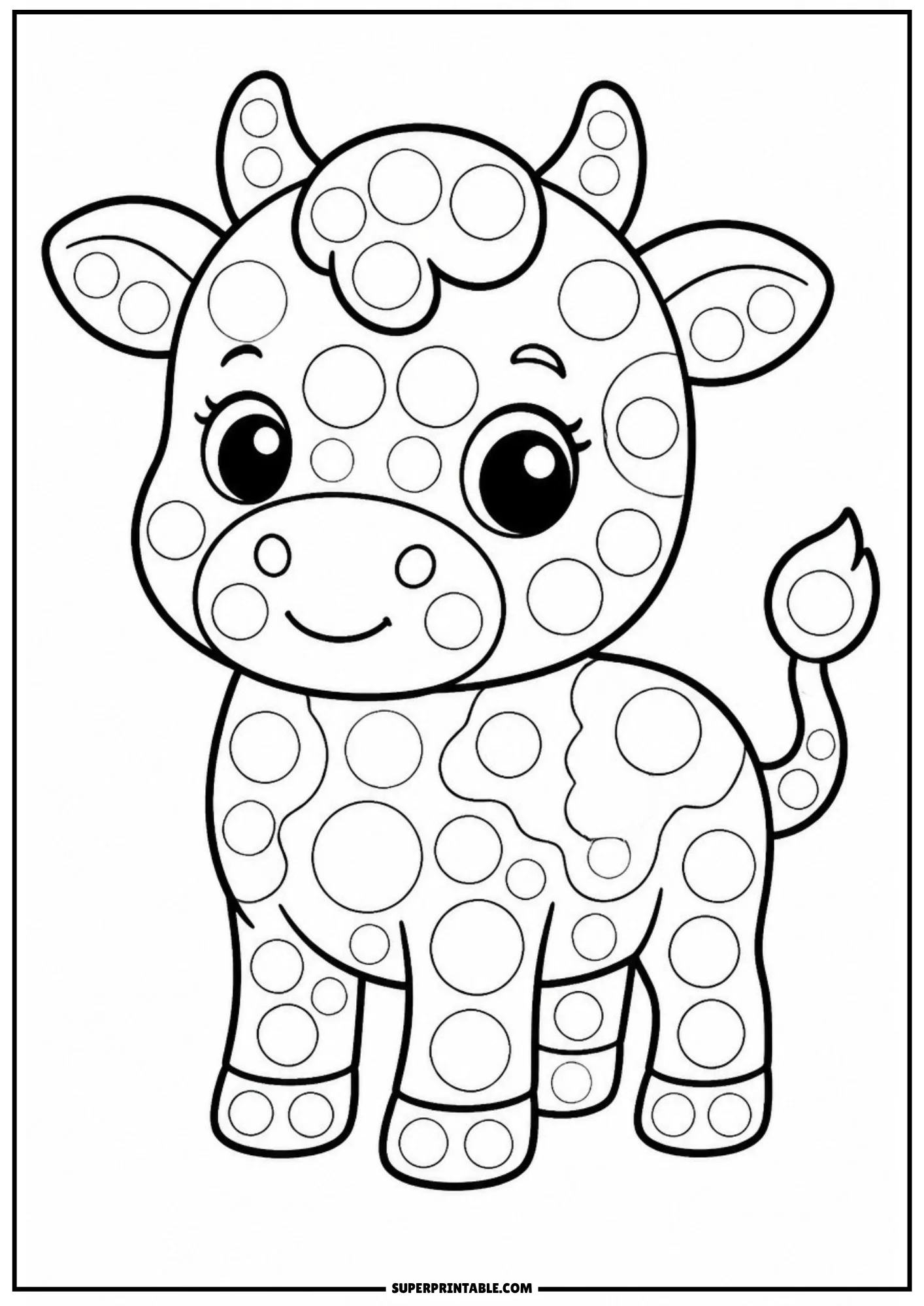 A cute cartoon baby cow standing on all fours with patch markings, covered in circular dot markers.