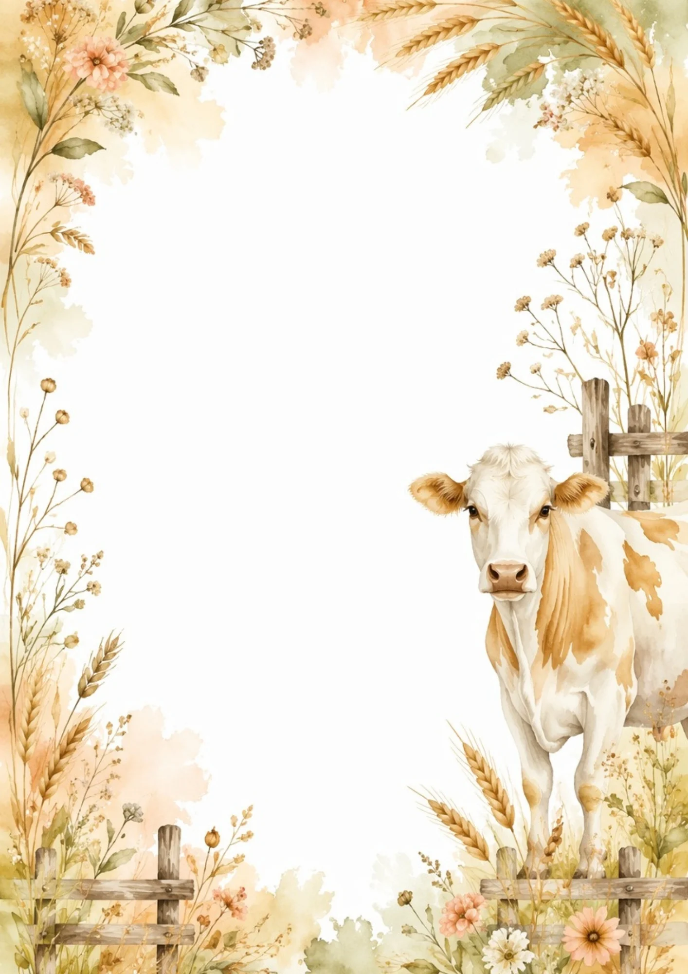 Soft watercolor border page displaying a light brown cow next to a fence in a wheat field, with golden grain arches framing the top.