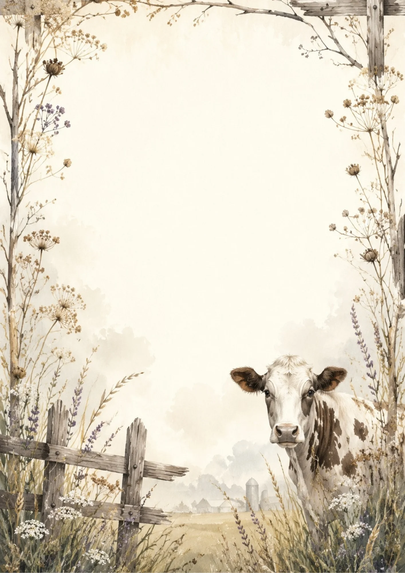 Sepia-toned watercolor border featuring a brown and white cow standing by a wooden fence, framed by tall wheat stalks and dried wild herbs.