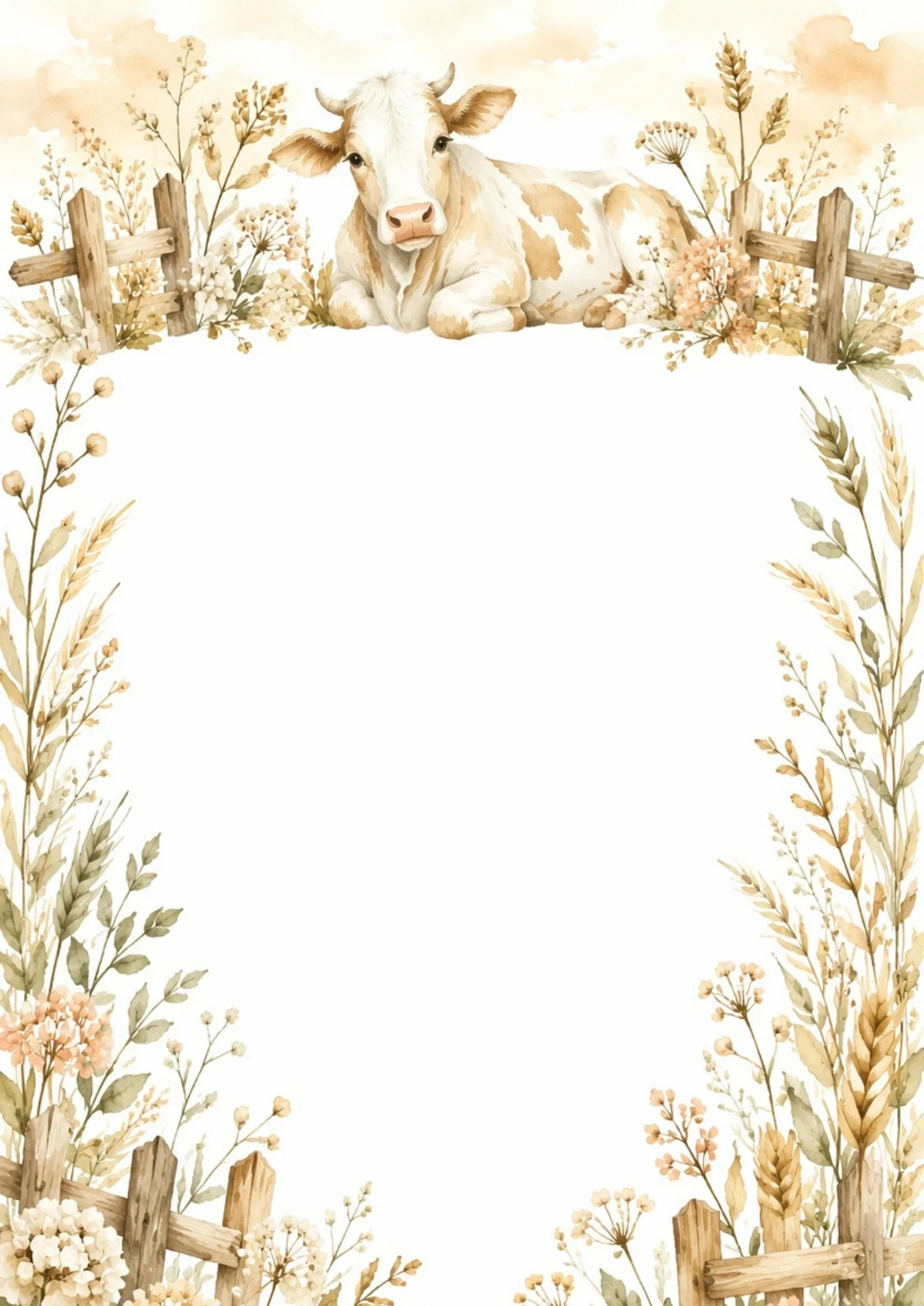 Country-themed watercolor border featuring a brown cow lying atop a wooden fence line, flanked by tall wheat stalks and garden blooms.