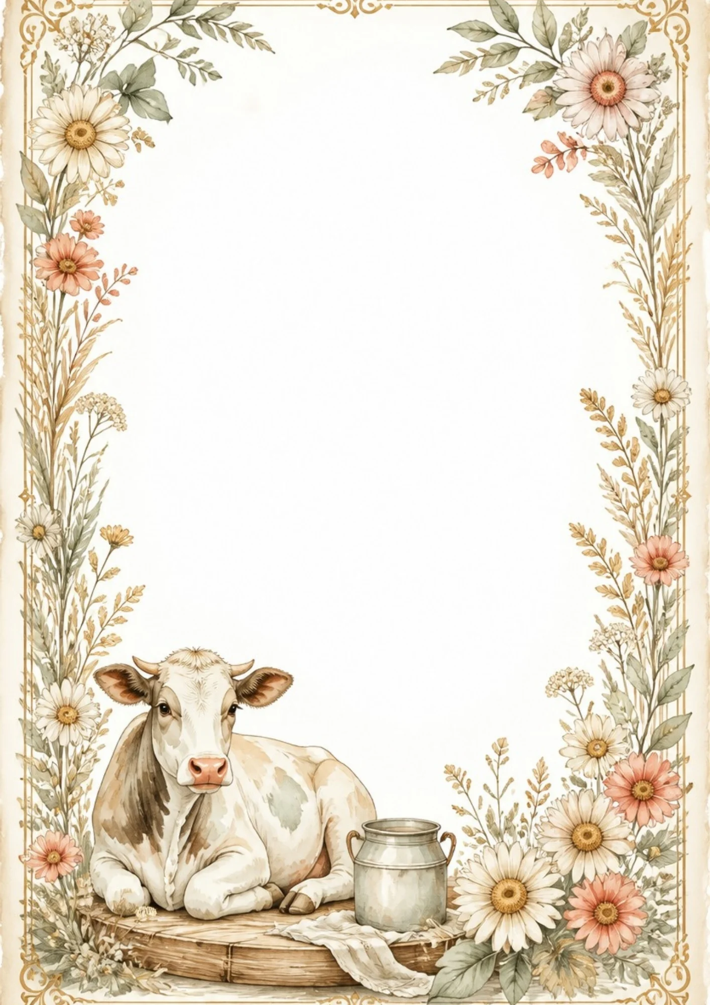 Watercolor border page with a resting white cow beside a classic metal milk pail, framed by pink and white daisies.