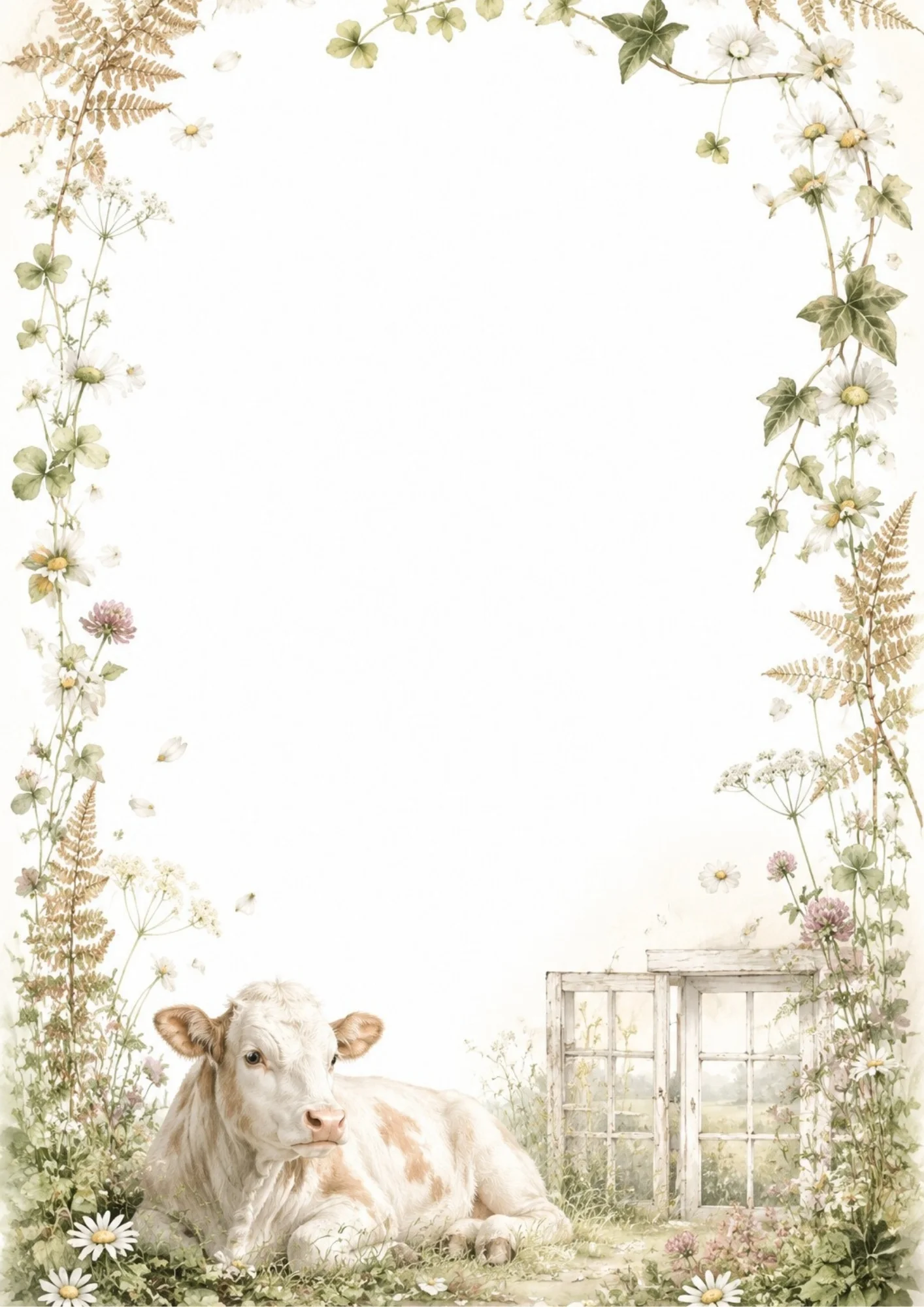Watercolor page design depicting a light tan cow reclining near a rustic wooden window frame, bordered by climbing ivy leaves and wild daisies.