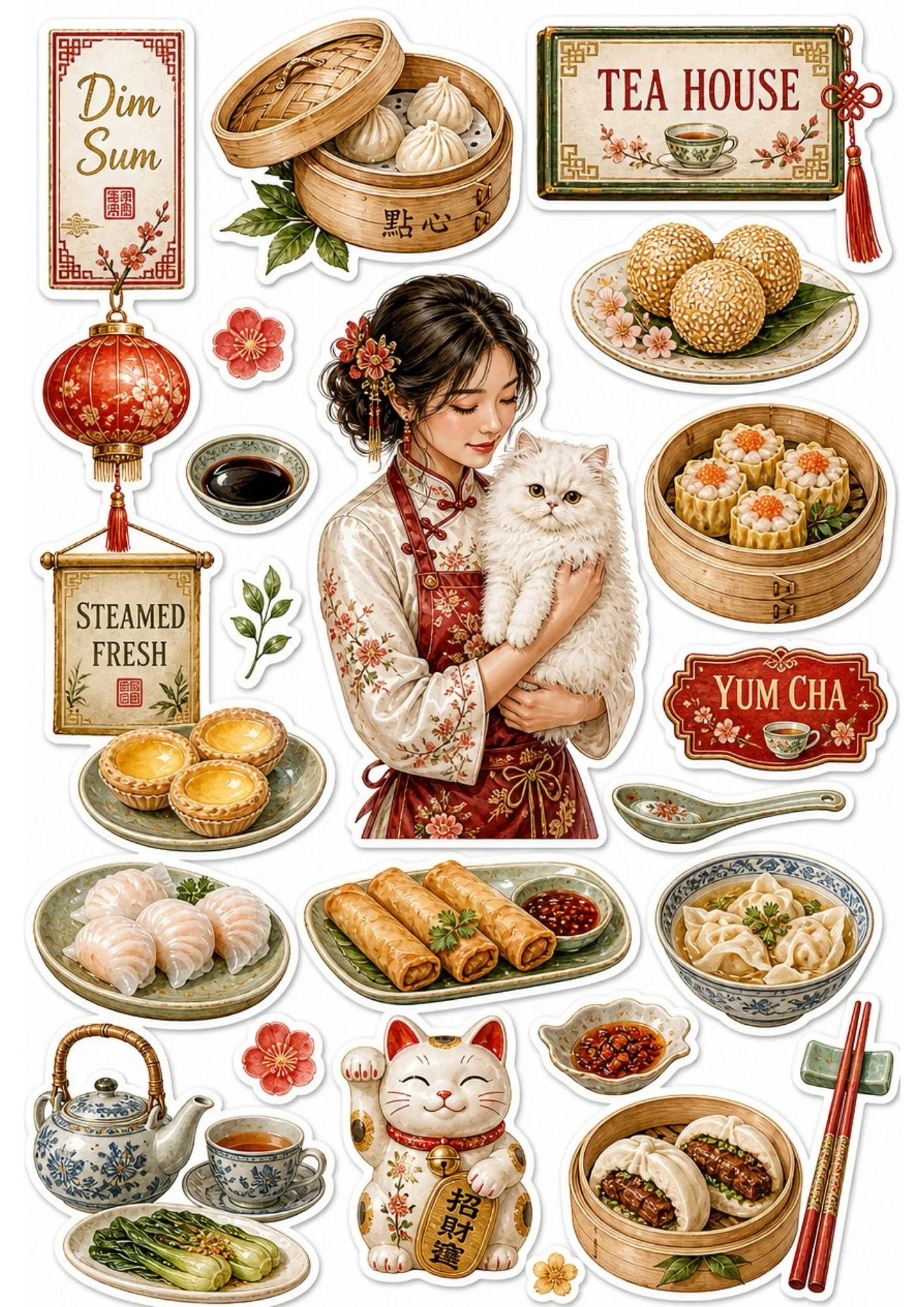 A girl in an apron baking an apple pie with a white cat on the counter. Surrounding stickers include fresh apples, a rolling pin, flour, and text saying 'Autumn Baking' and 'Fresh Apple Pie'.
