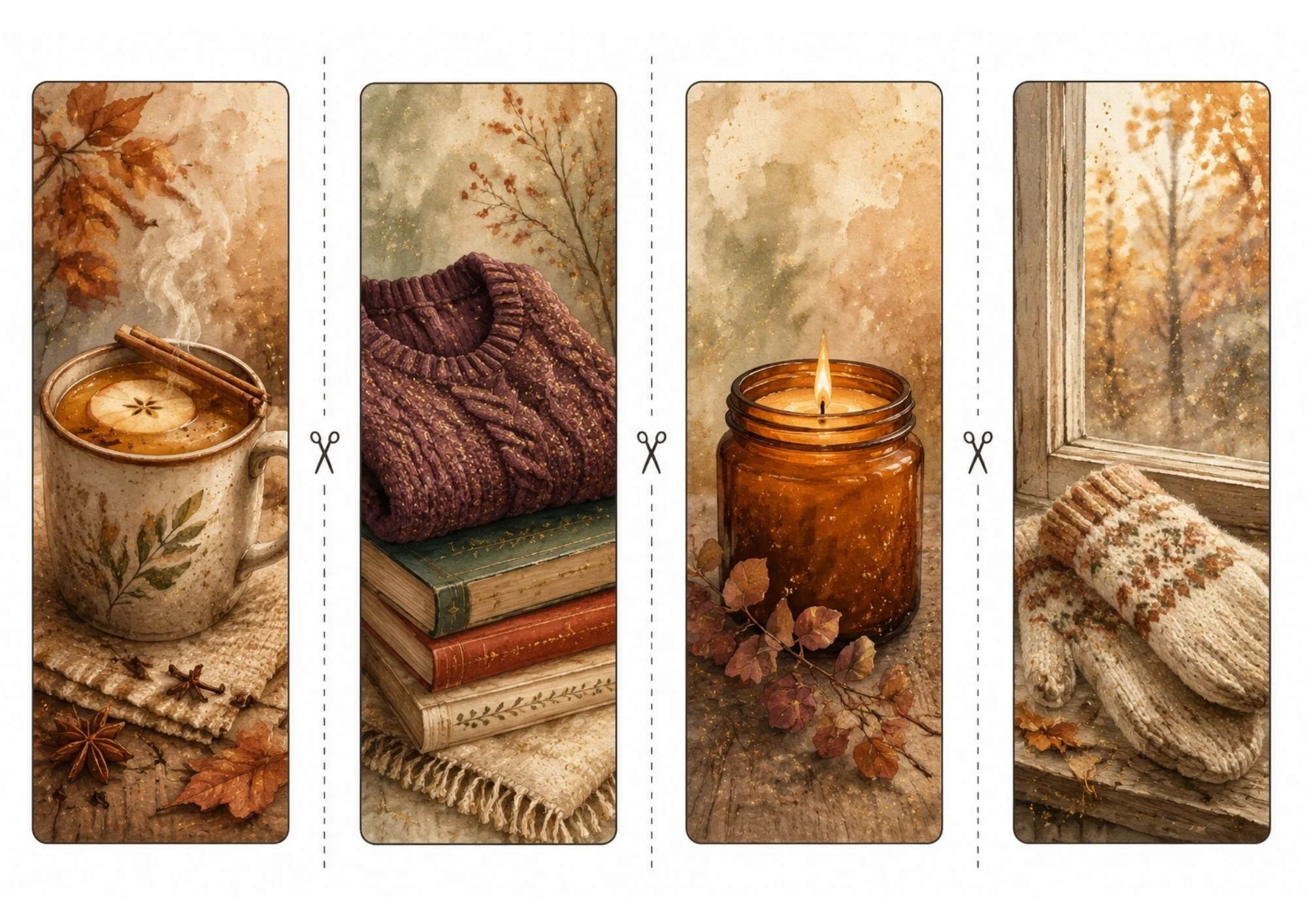 Four printable autumn bookmarks displaying a mug of warm cider, a cable knit sweater on stacked books, a glowing candle, and cozy mittens.